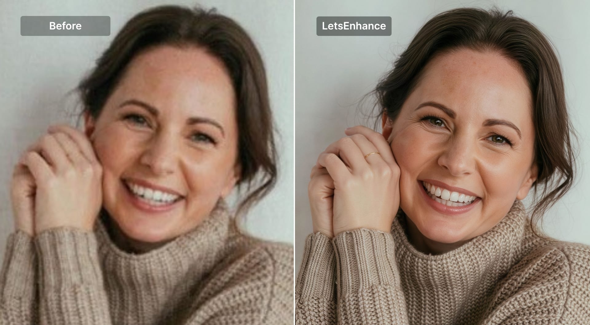 Close comparison of portrait details before and after upscaling