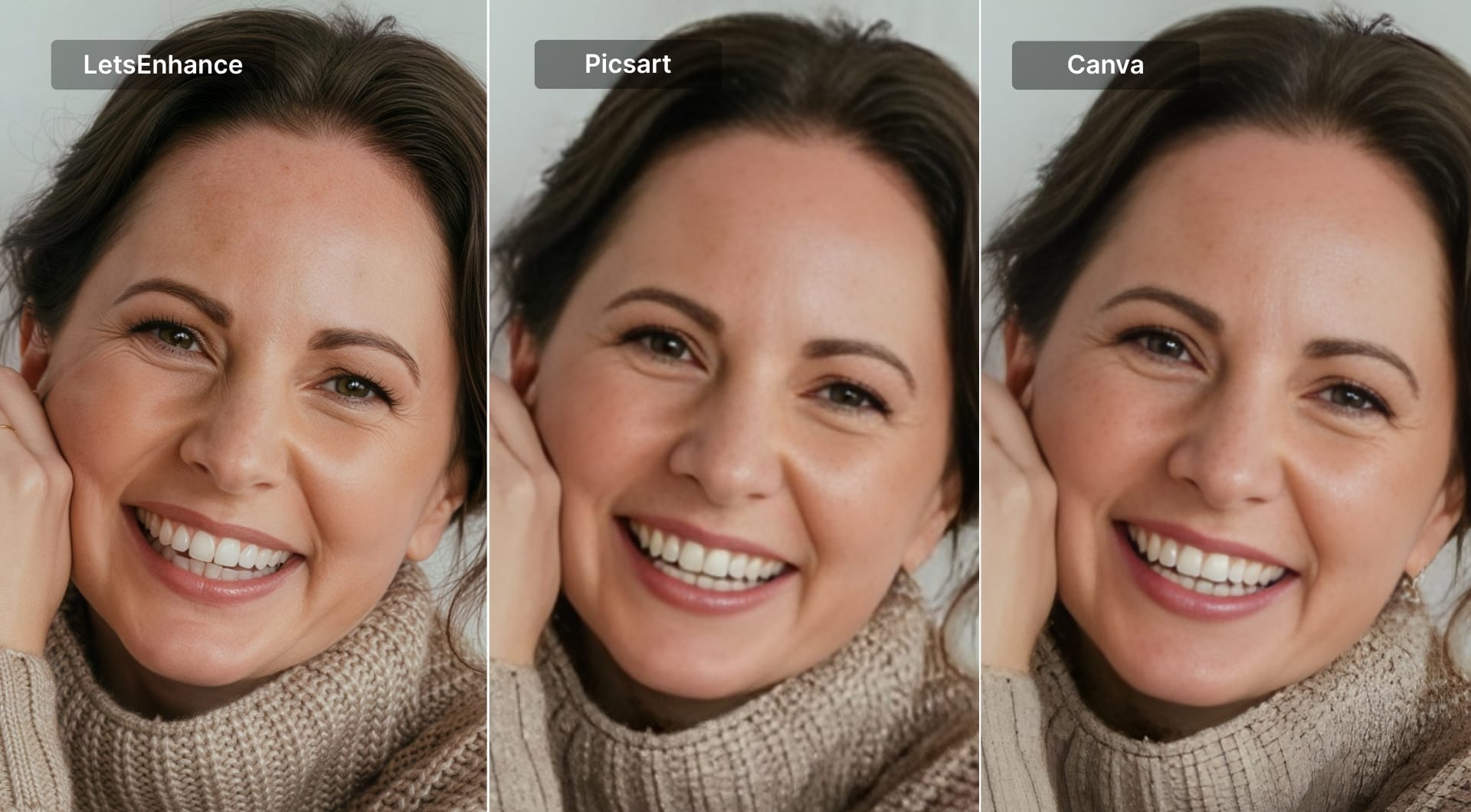 Side by side portrait results from LetsEnhance, Picsart, and Canva