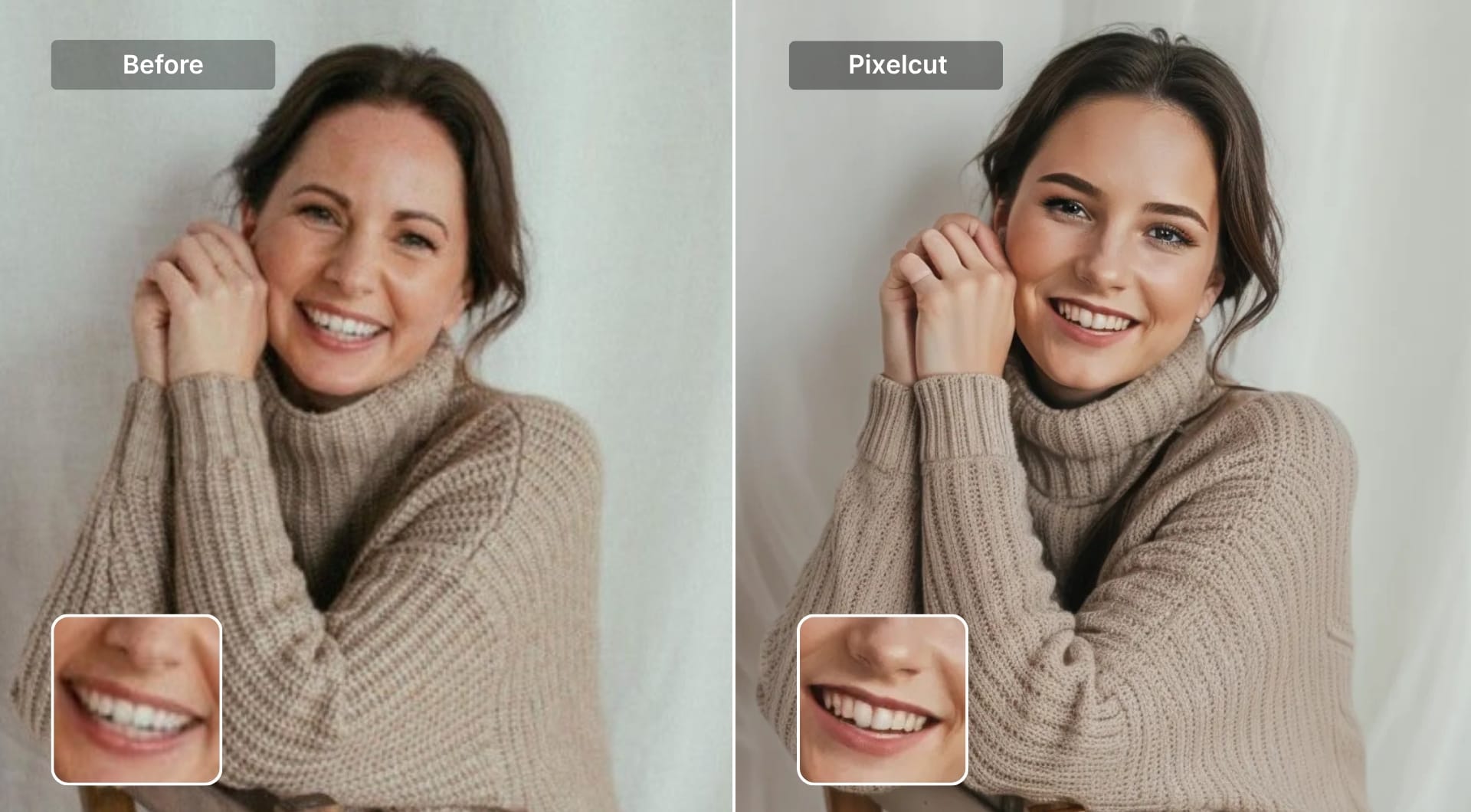 Portrait before and after Pixelcut upscaling with altered features