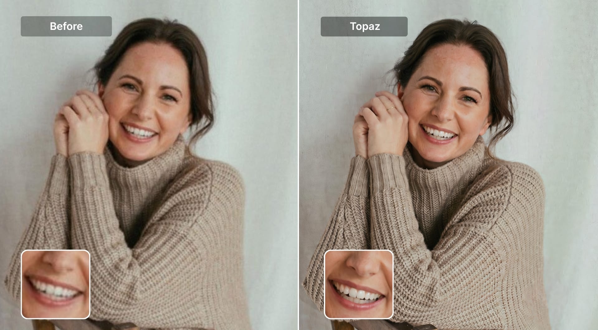 Portrait before and after Topaz Gigapixel enhancement