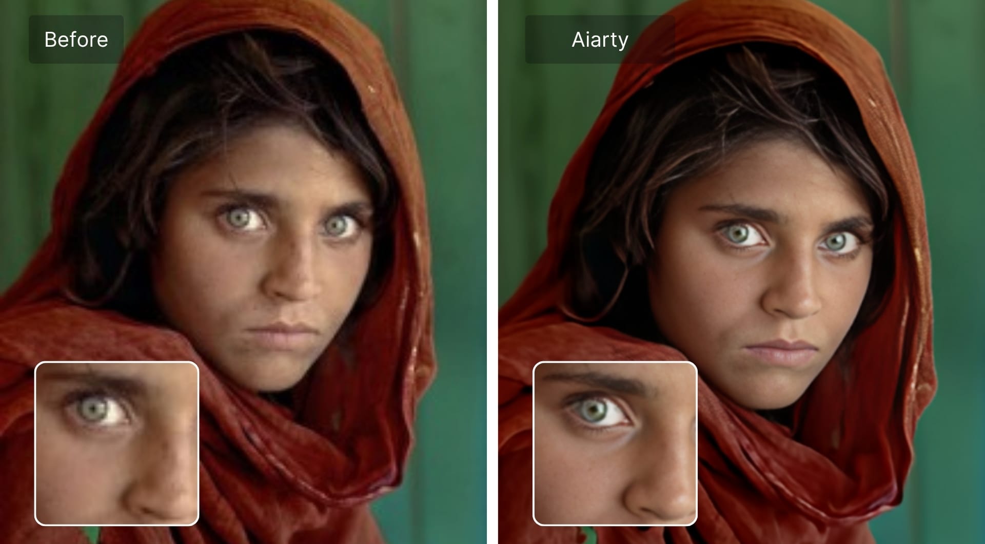 Before and after portrait using Aiarty with softer detail reconstruction