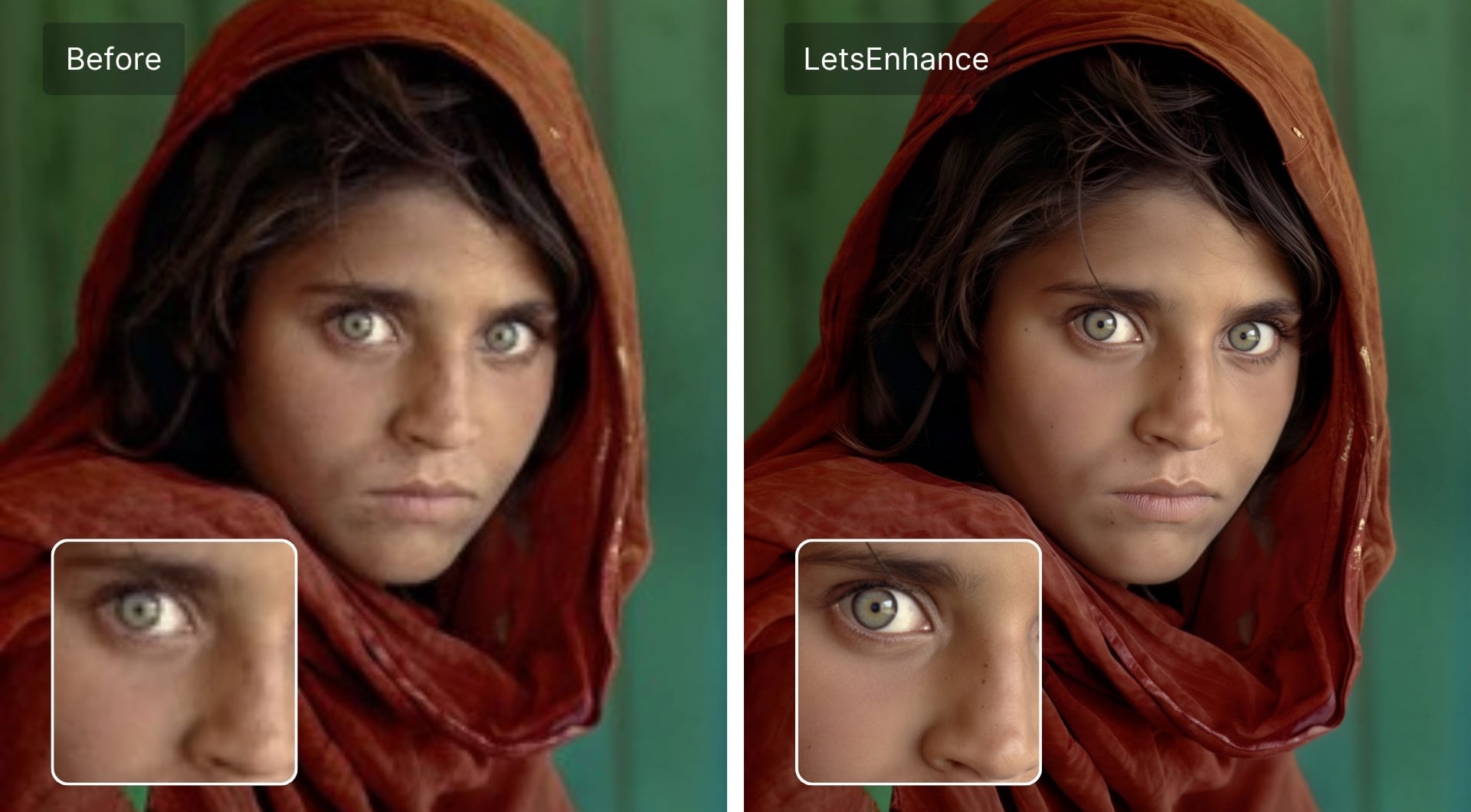 Before and after portrait using LetsEnhance showing sharper eyes and detail
