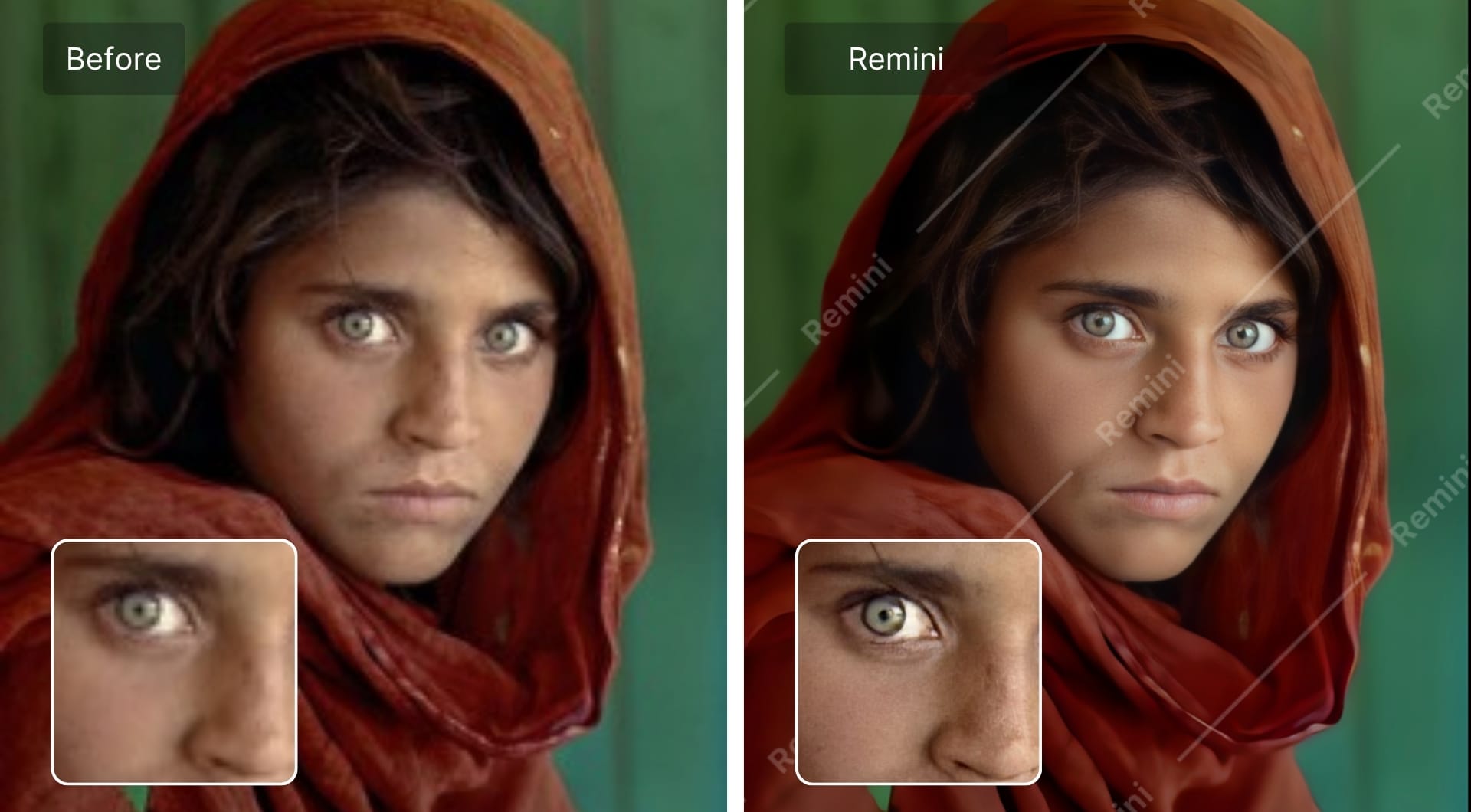 Before and after portrait using Remini with enhanced facial features