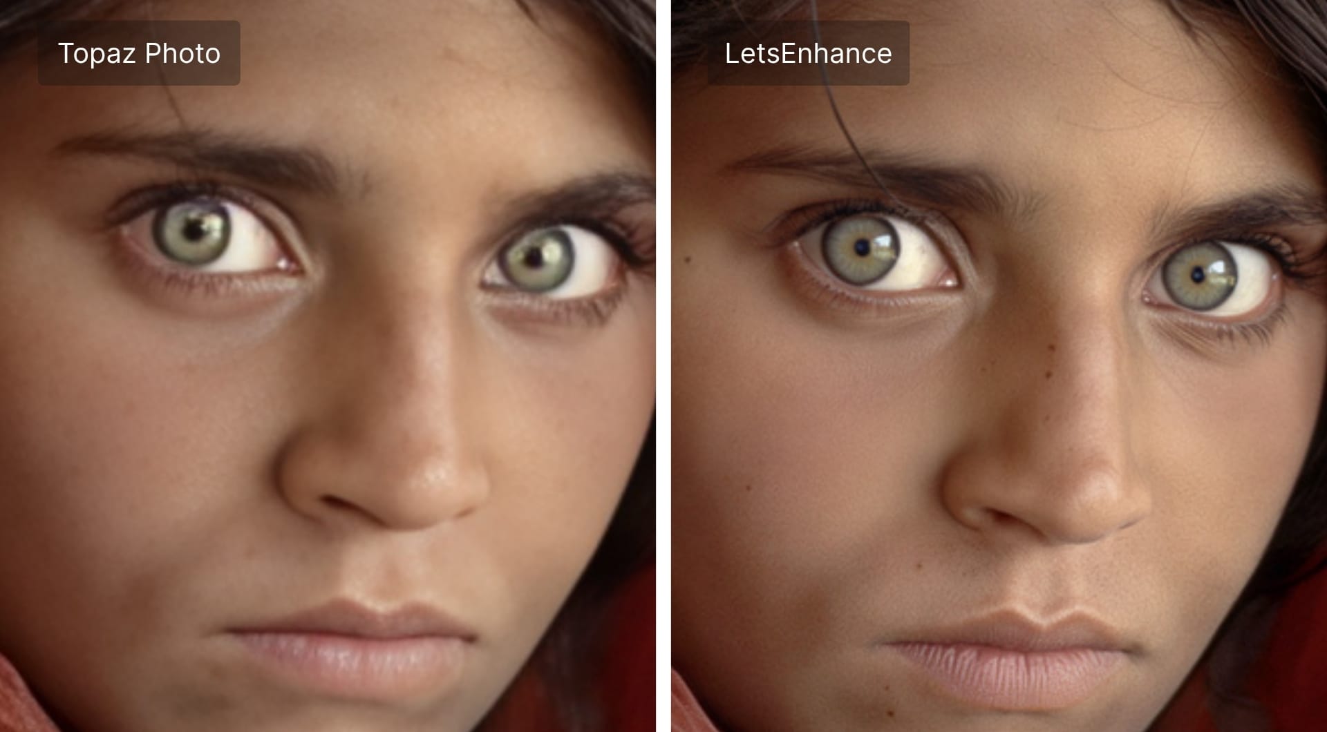 Close-up comparison of Topaz Photo AI and LetsEnhance portrait detail