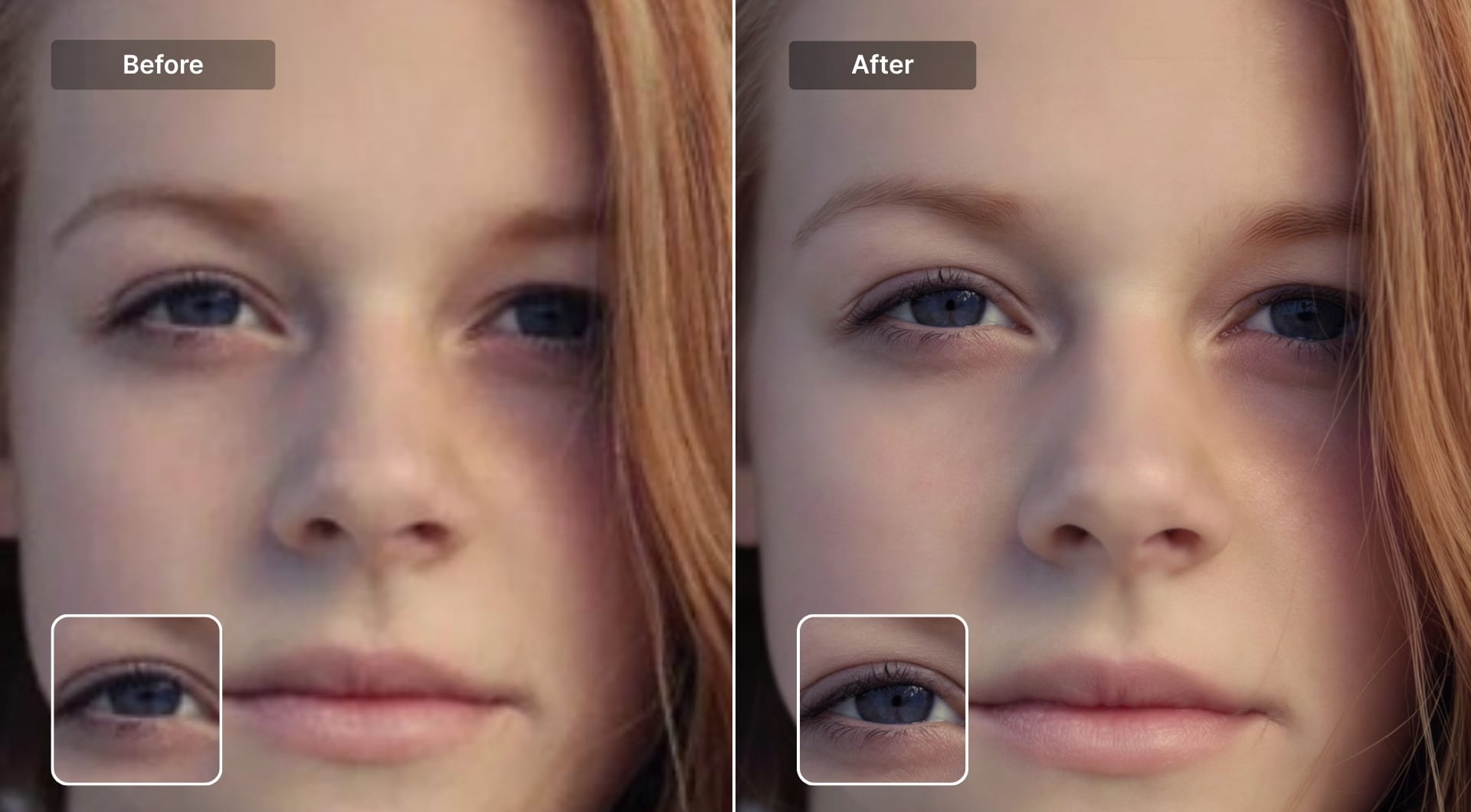 Portrait before and after AI sharpening with improved facial detail