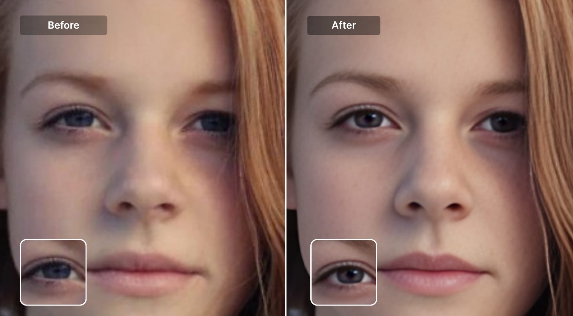 Portrait before and after Picsart sharpening with moderate improvement