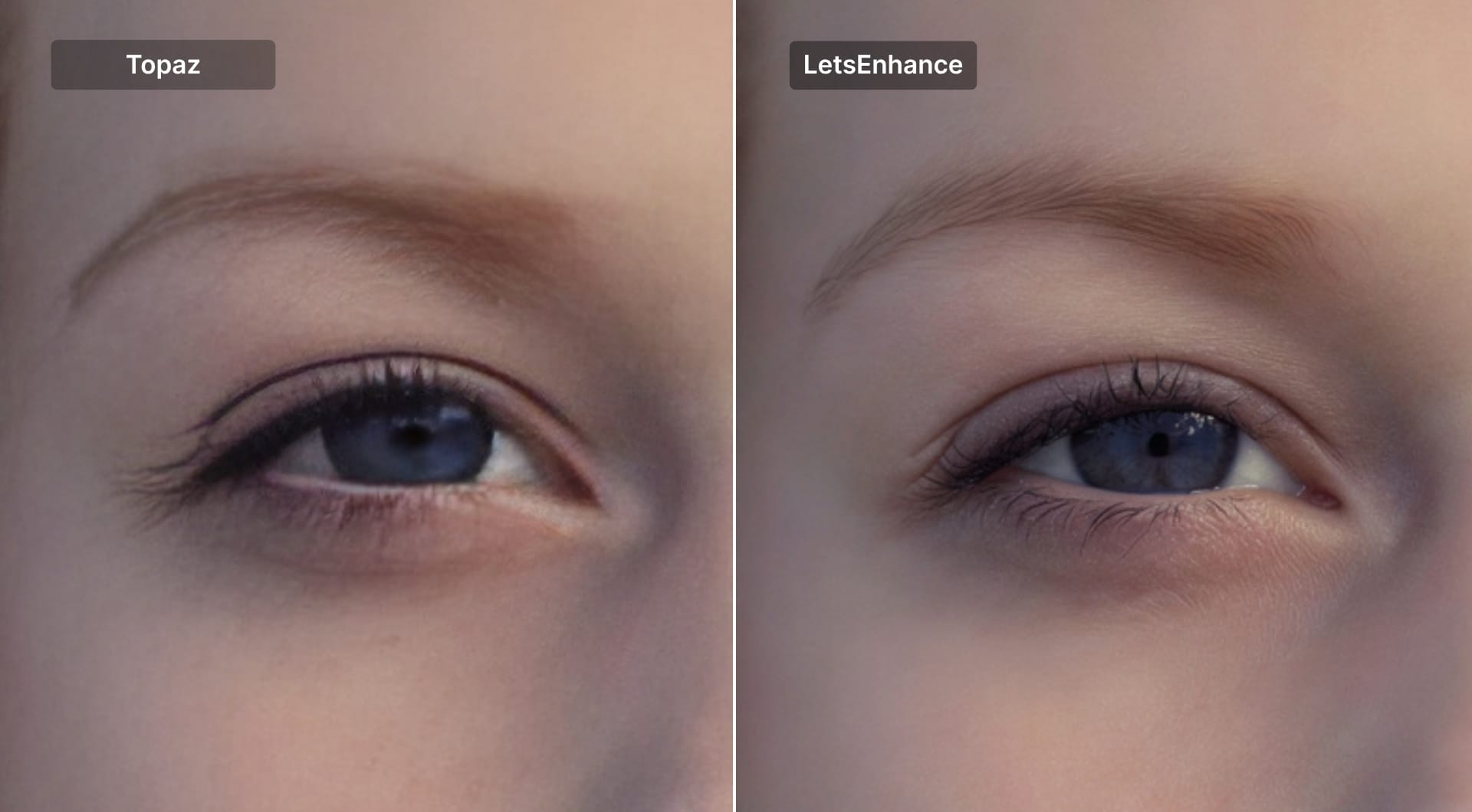 Side-by-side portrait sharpened with Topaz and LetsEnhance comparison