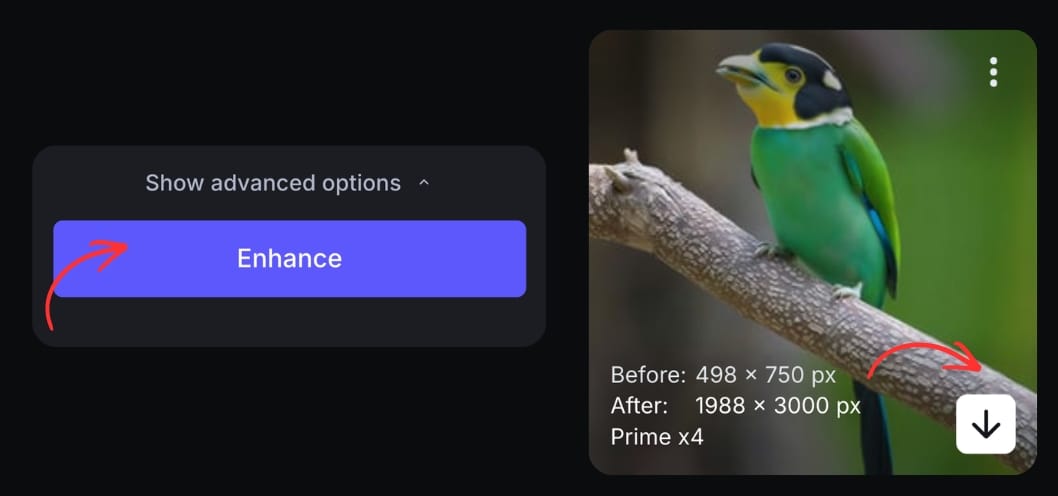 Enhancement and download button shown after AI restoration completion