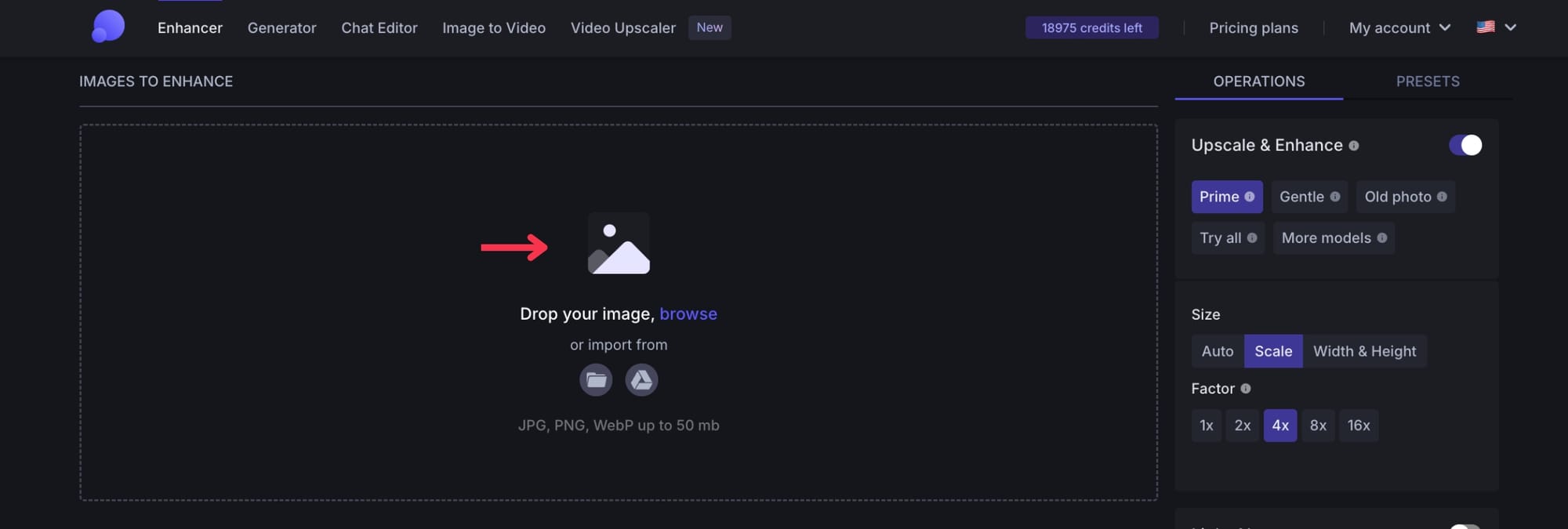 Desktop interface showing the steps for uploading and enhancing an image.