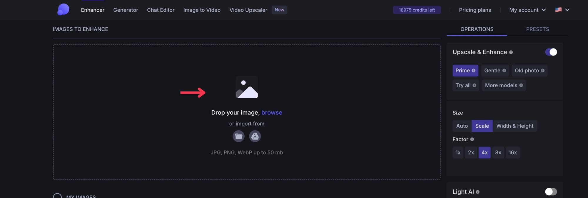 Uploading a JPEG file in LetsEnhance's web interface