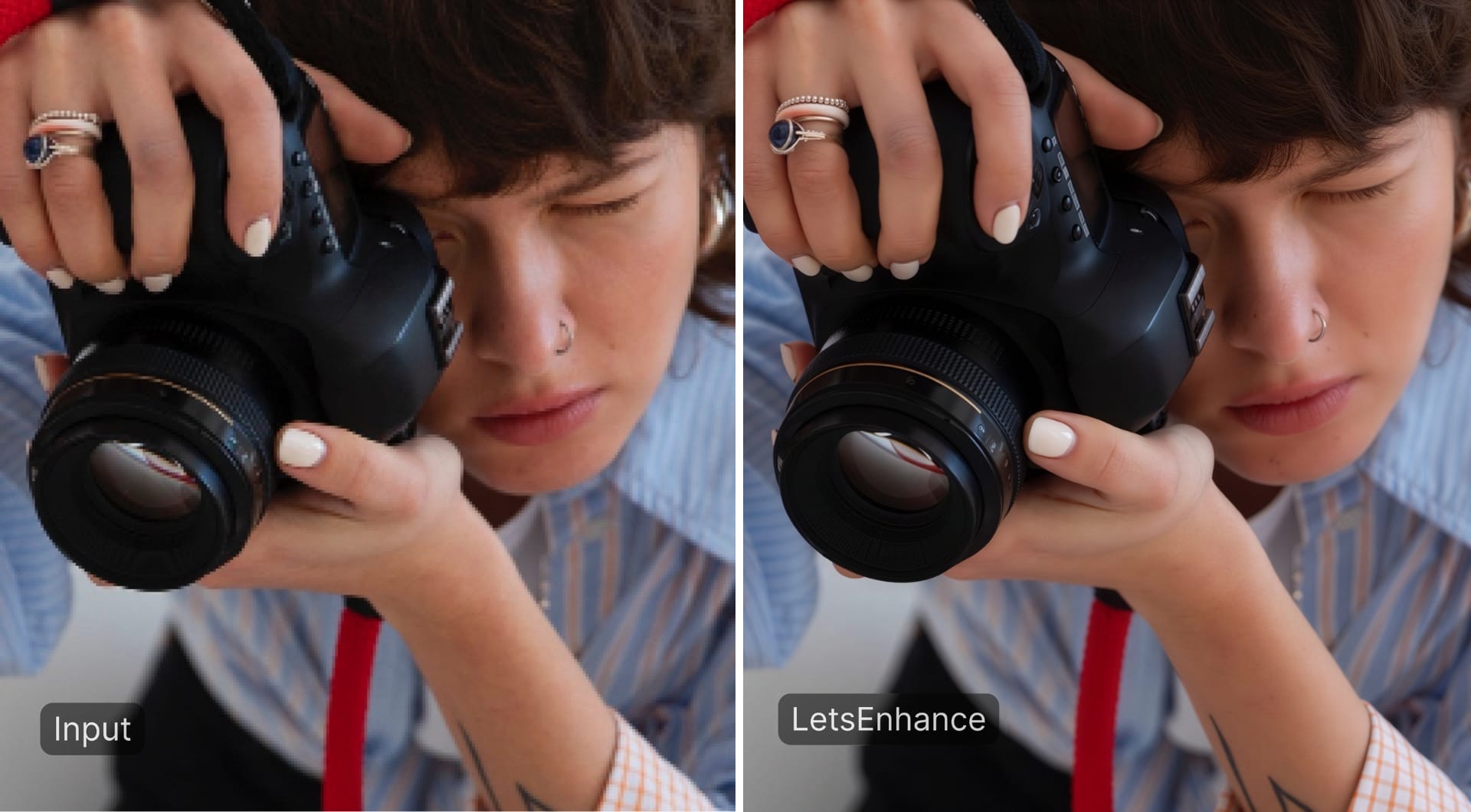 Photographer holding camera before and after LetsEnhance upscaling