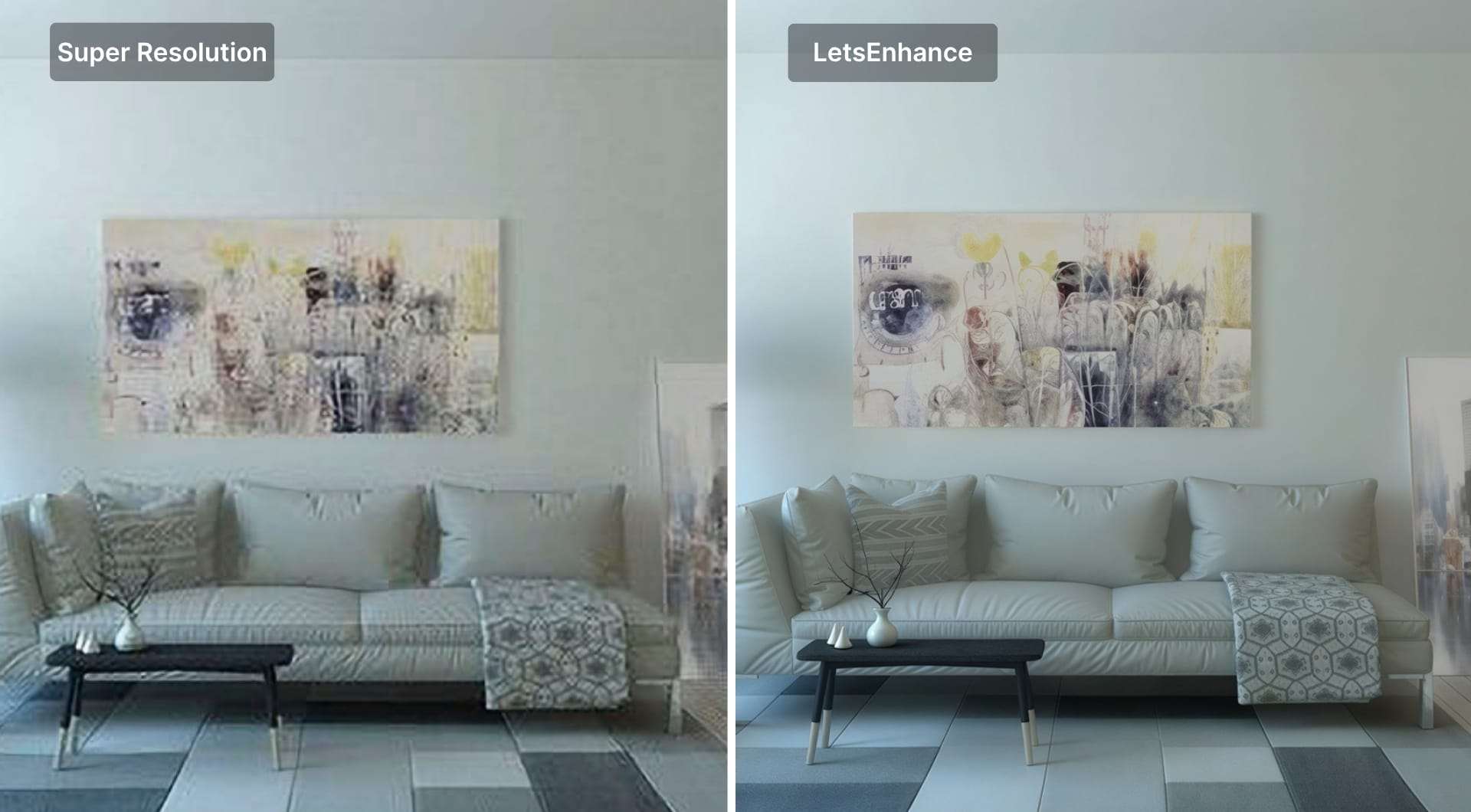 Living room interior image upscaled with SR and LetsEnhance