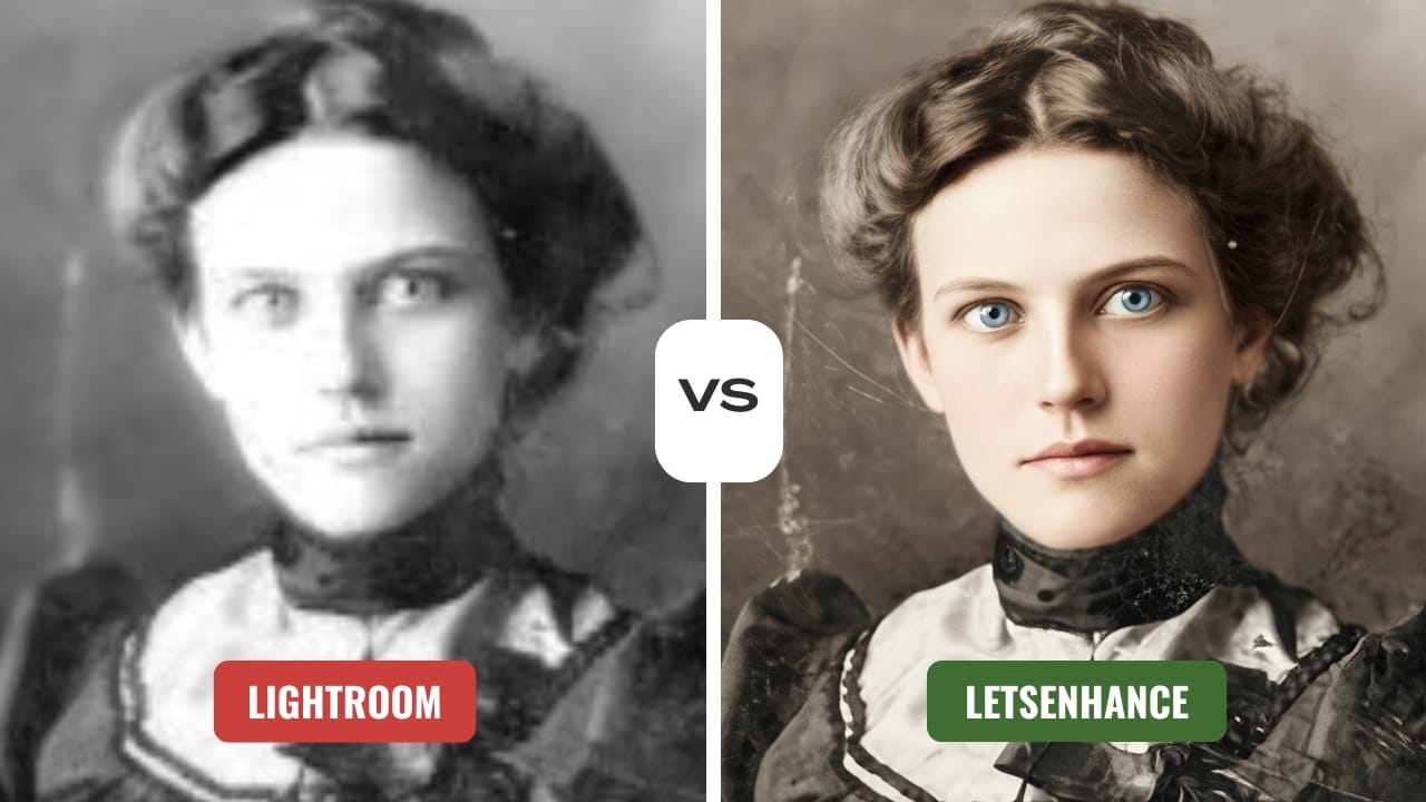 Side-by-side portrait comparison Lightroom vs LetsEnhance restoration