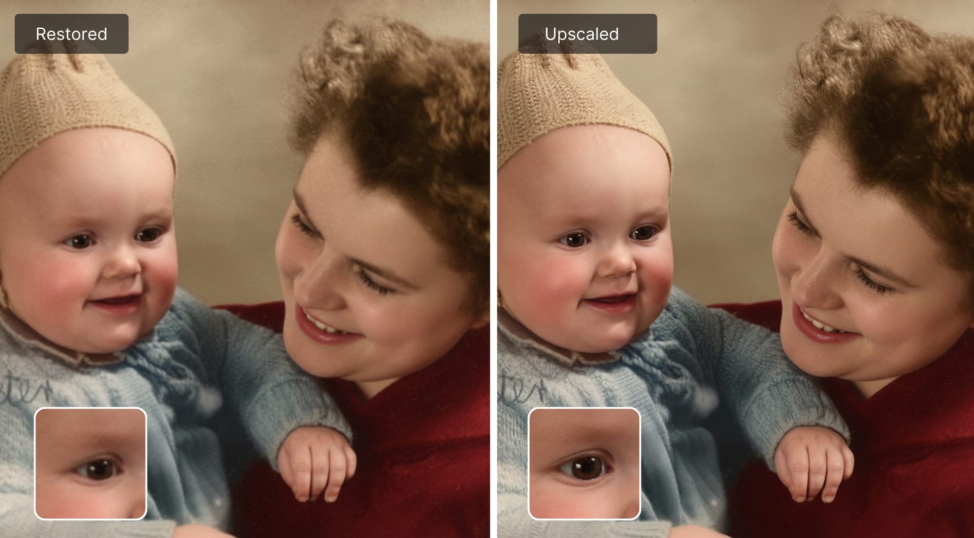 Before after of the restored image upscaled with enhanced skin texture