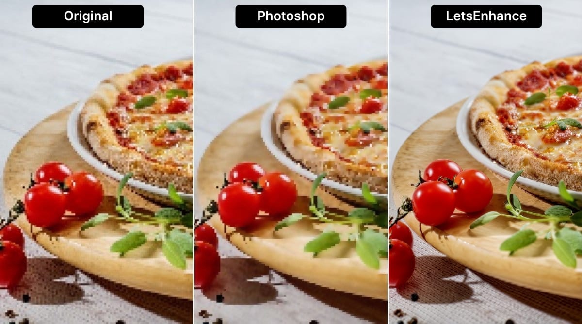 Side-by-side comparison of LetsEnhance vs Photoshop results