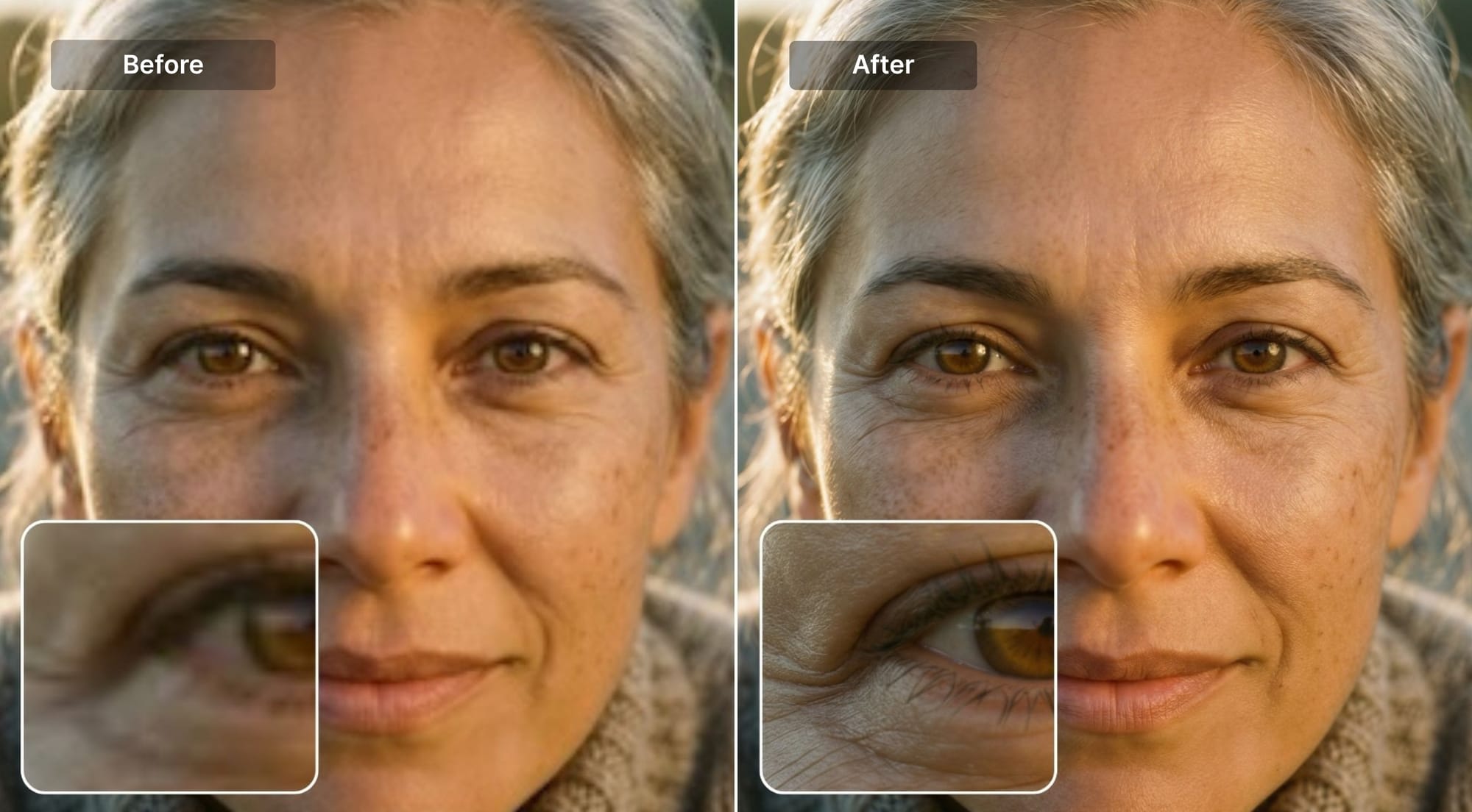 Before and after of a portrait restored with LetsEnhance Prime