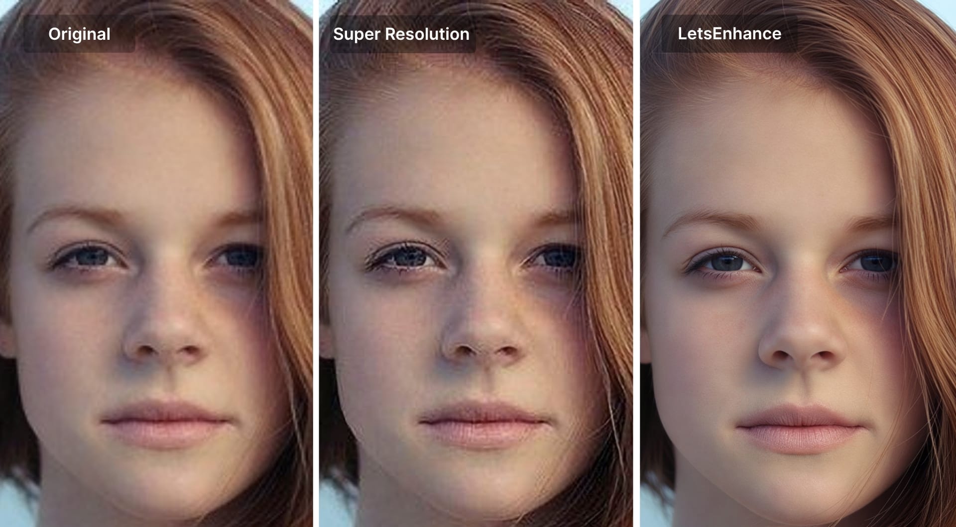 Portrait face crops comparing original, Super Resolution, and LetsEnhance