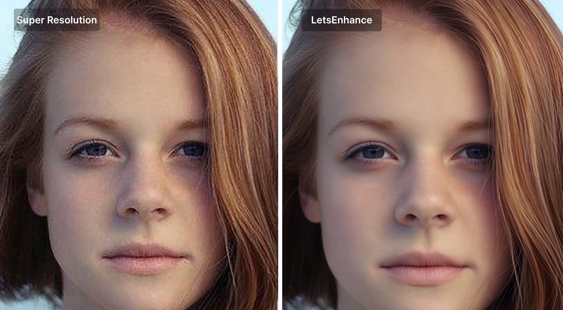 Comparison of low-res portrait enhanced with Super Resolution and LetsEnhance