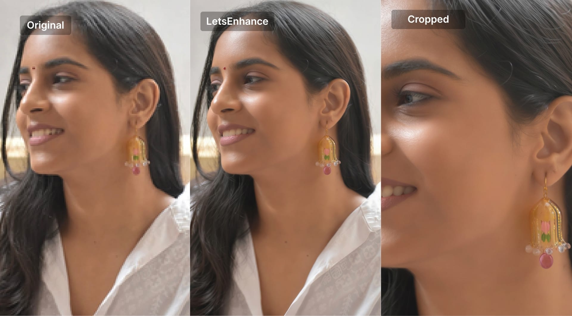 Portrait comparison original, enhanced, and cropped detail