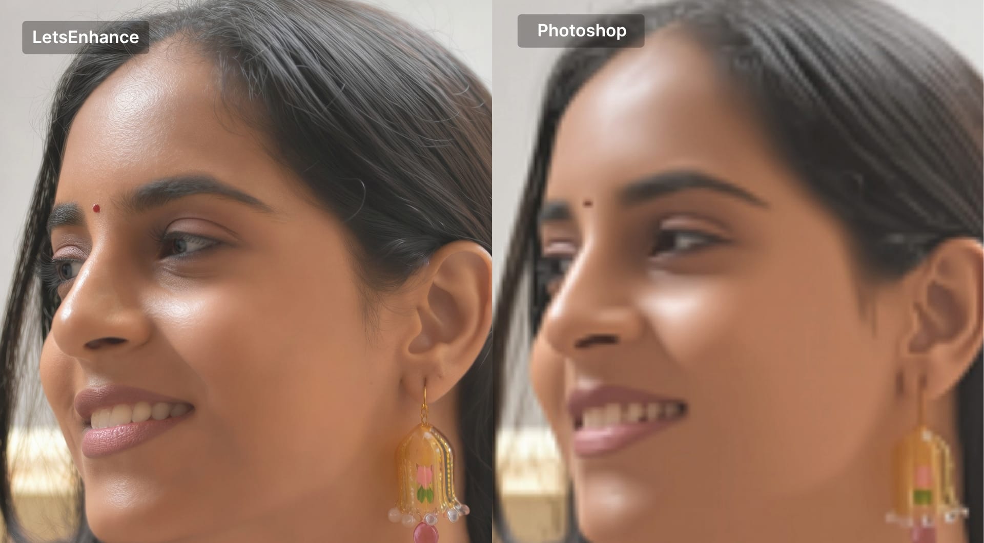 Side-by-side portrait comparison LetsEnhance and Photoshop results