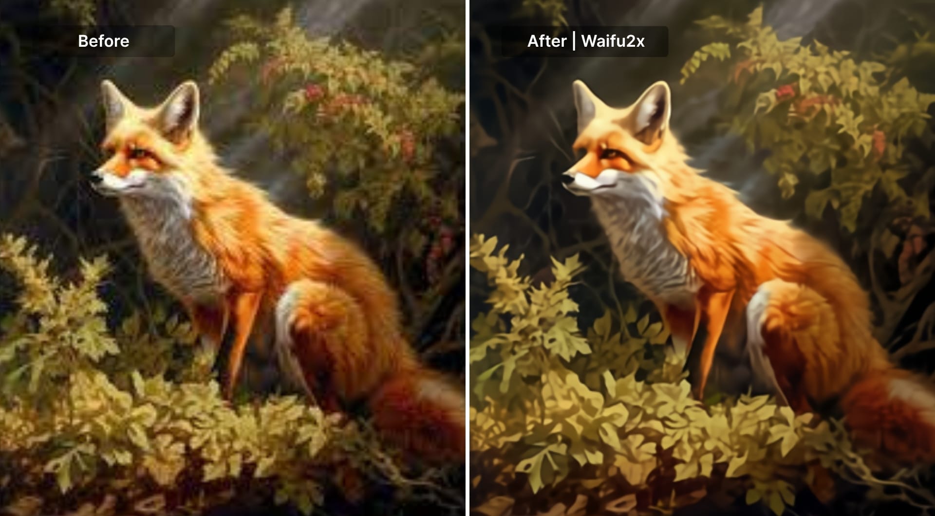 AI art fox before and after upscaling with Waifu2x free tool