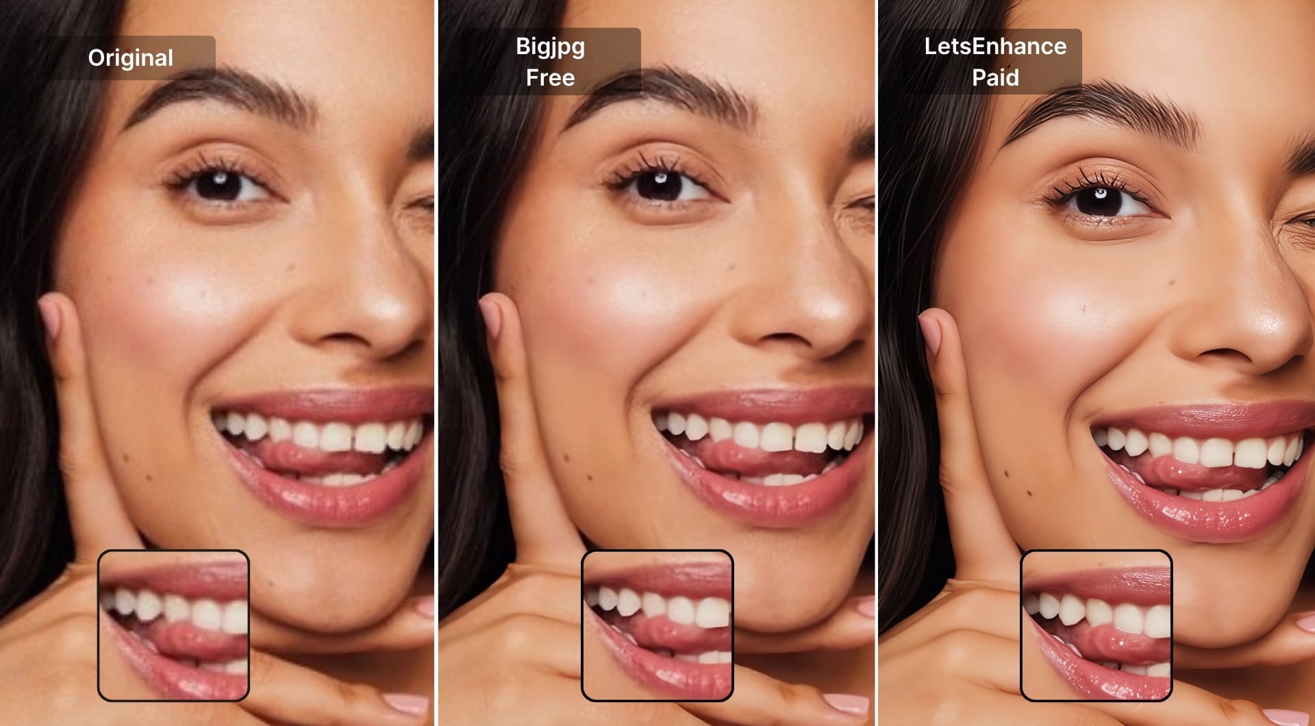 Portrait comparison showing original, Bigjpg free, and LetsEnhance paid results