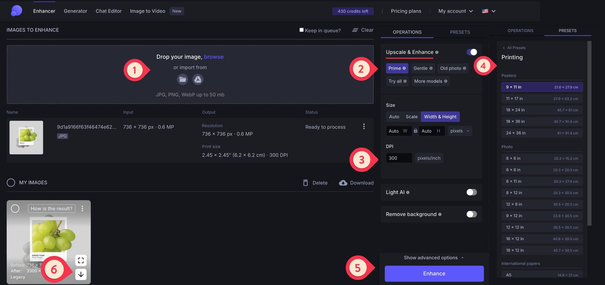 Screenshot of the LetsEnhance interface showing size, DPI, and model settings.