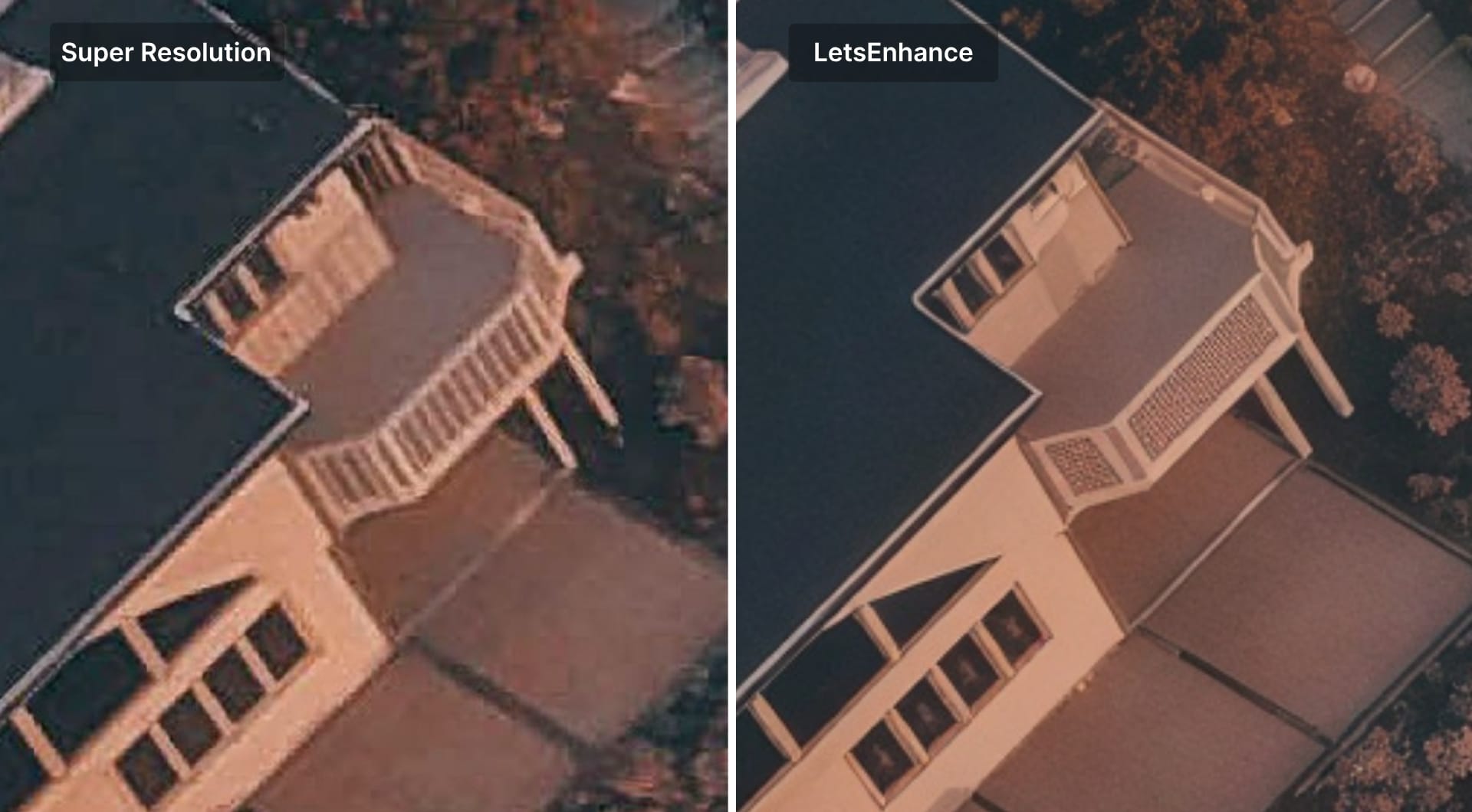 Extreme closeup shot comparing SR and LetsEnhance results