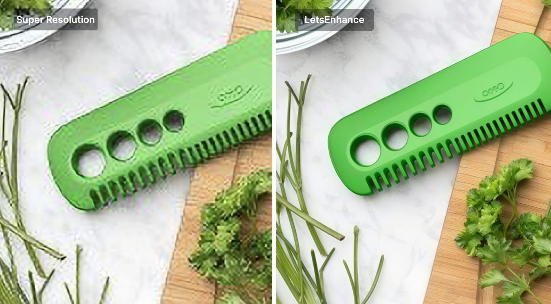 Side by side comparison of the same product image processed by Super Resolution and Prime