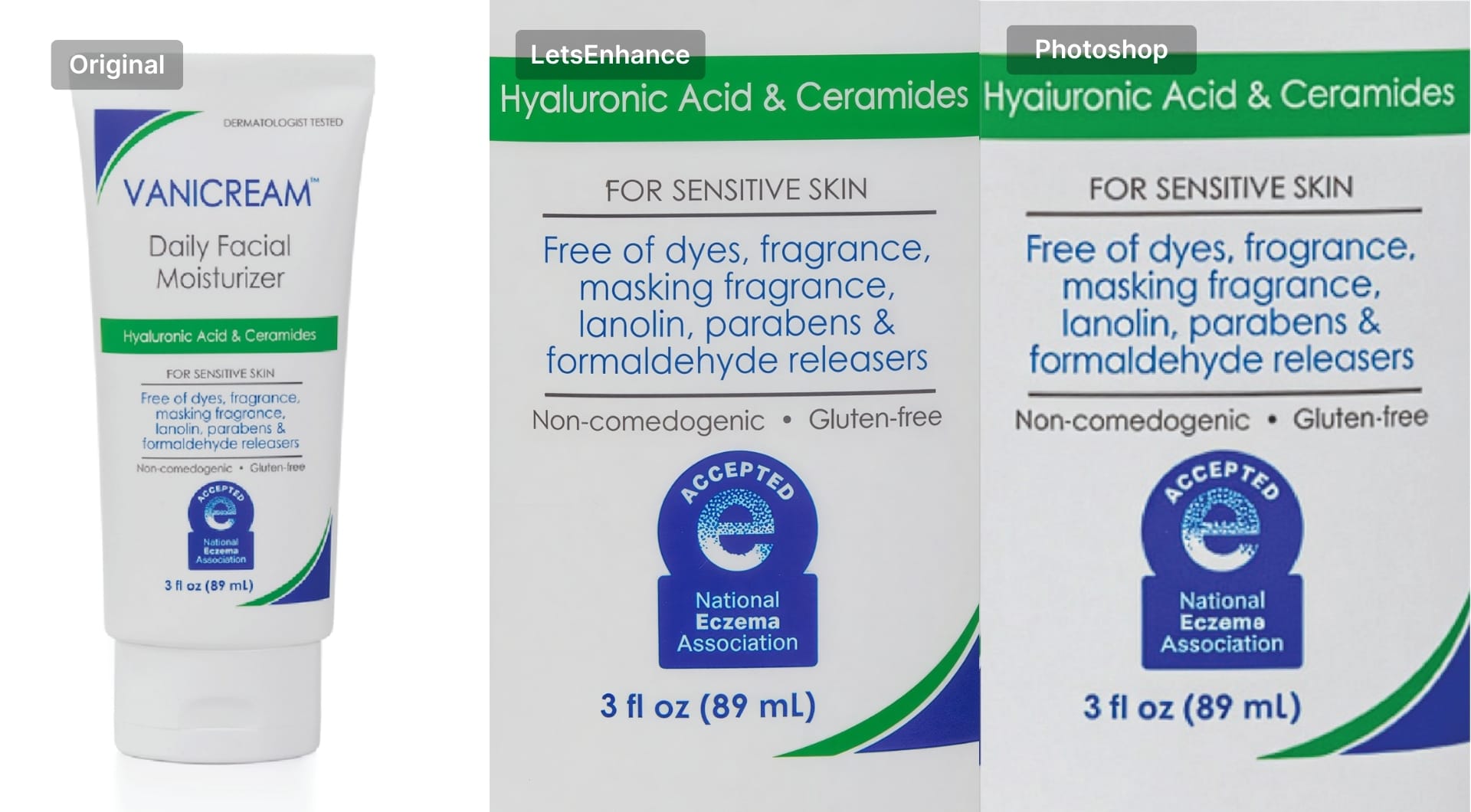 Side-by-side product label comparison LetsEnhance vs Photoshop