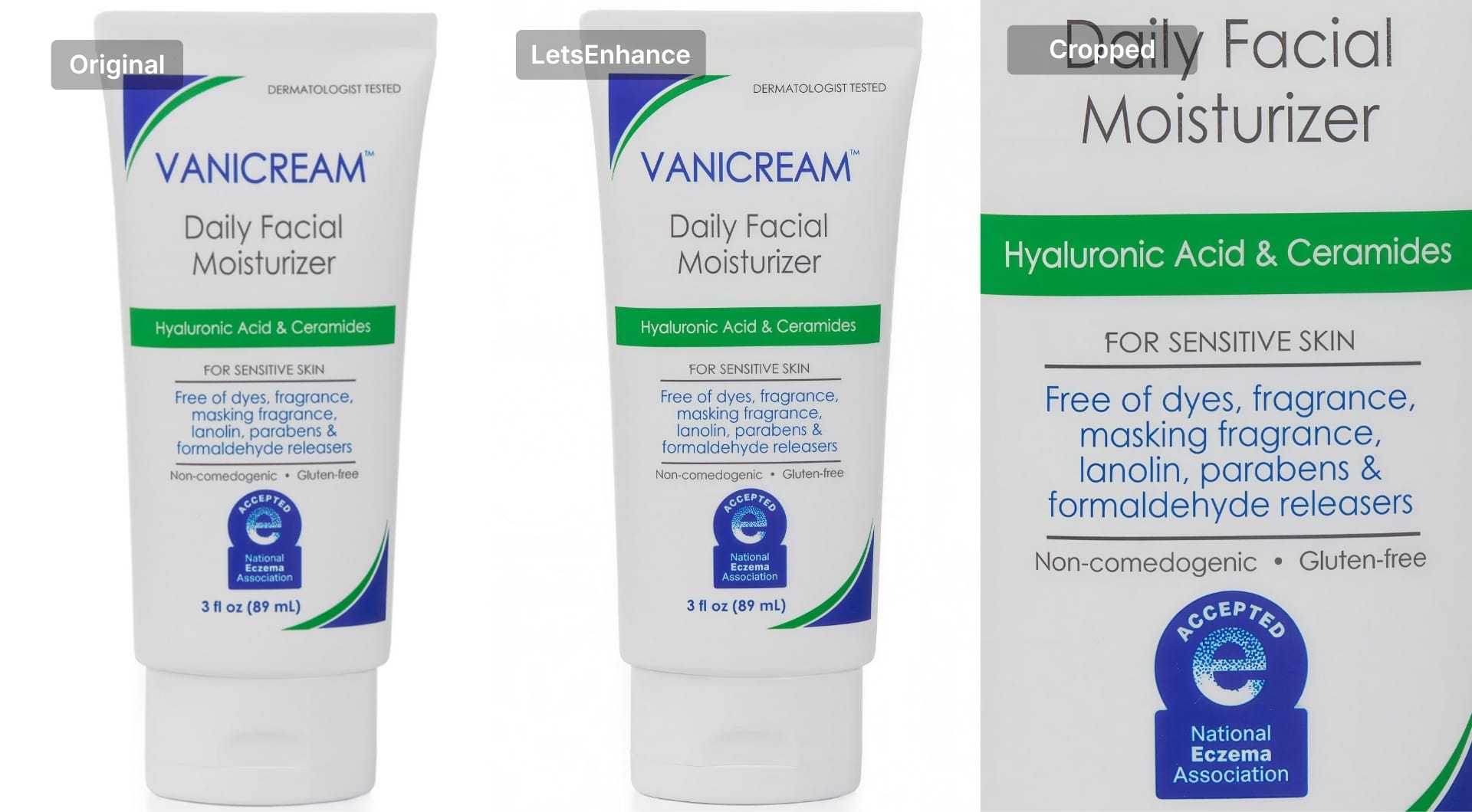 Product packaging before and after LetsEnhance with sharper text