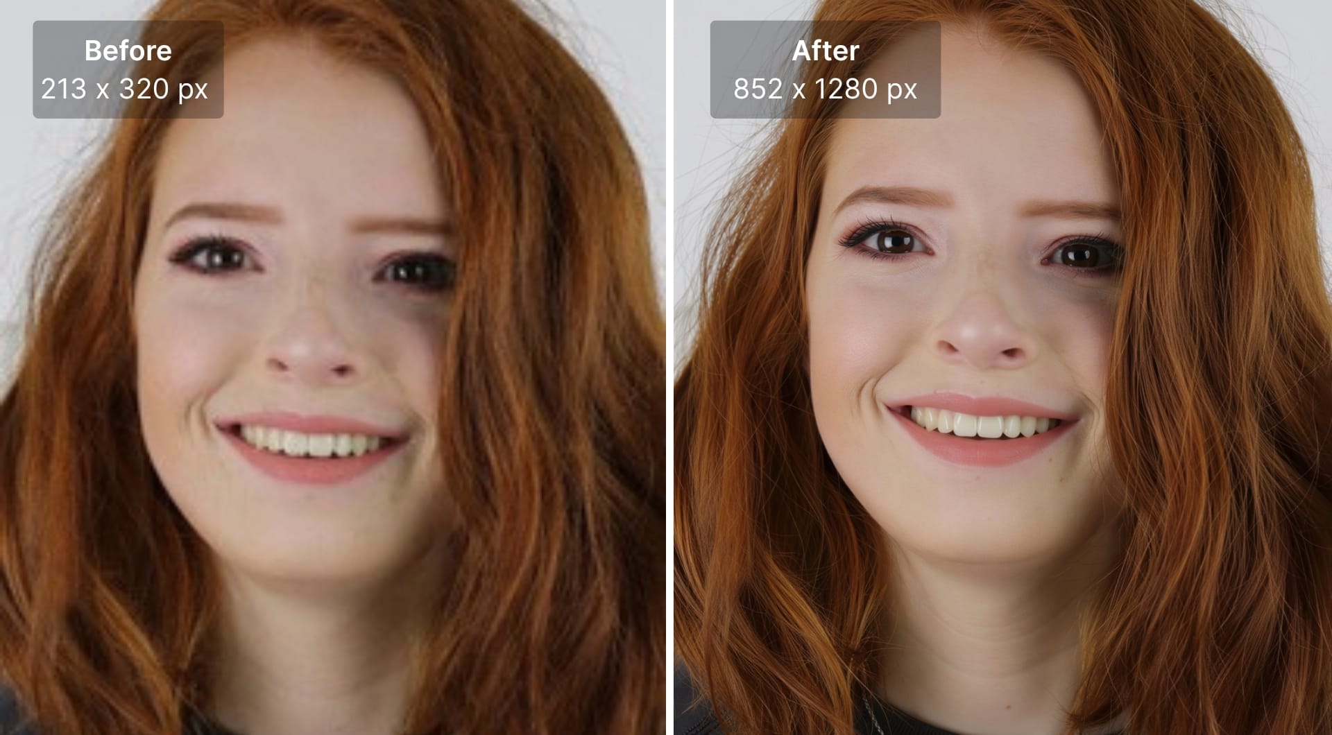 Before-and-after comparison of an AI-enhanced female portrait.