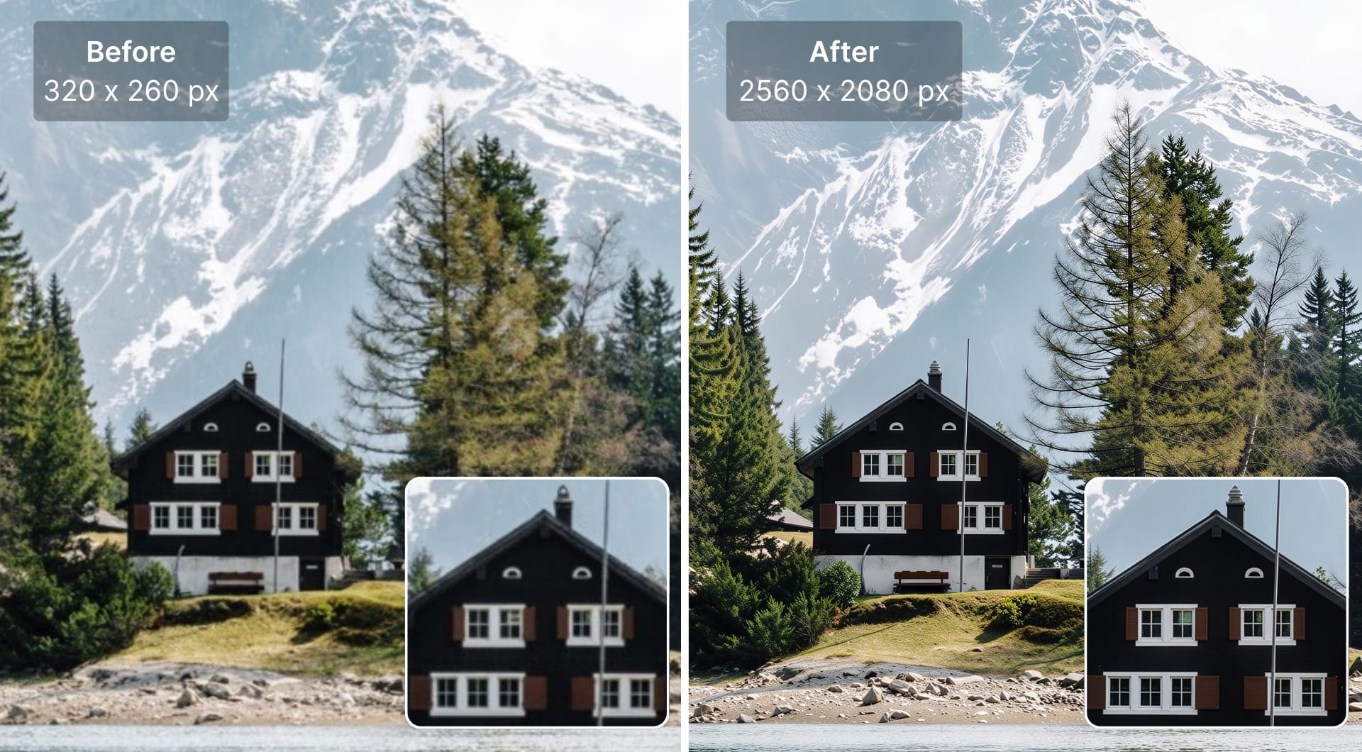 Side-by-side images of a house, with a low-resolution version beside a sharper version.