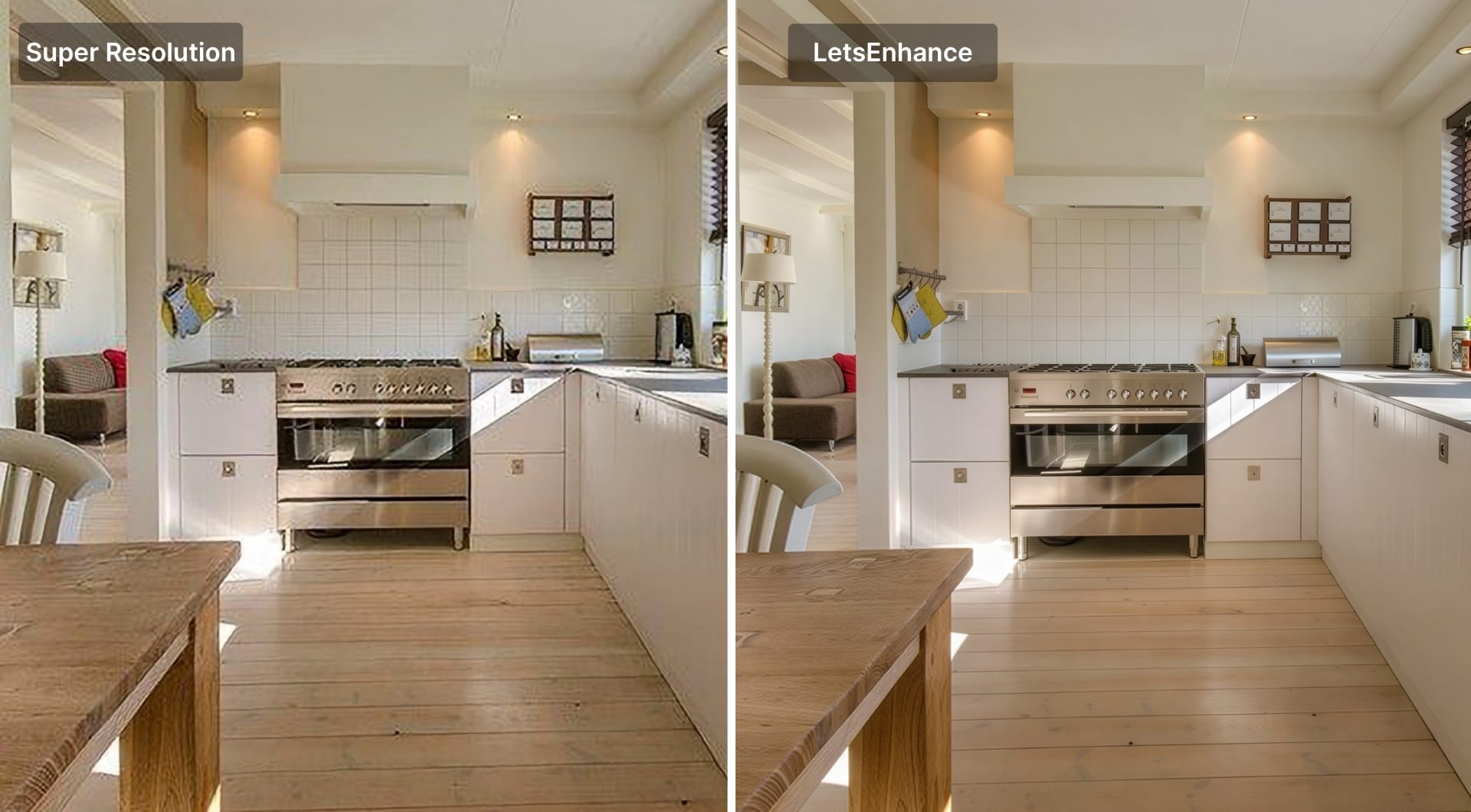 Kitchen interior photo with original and upscaled versions
