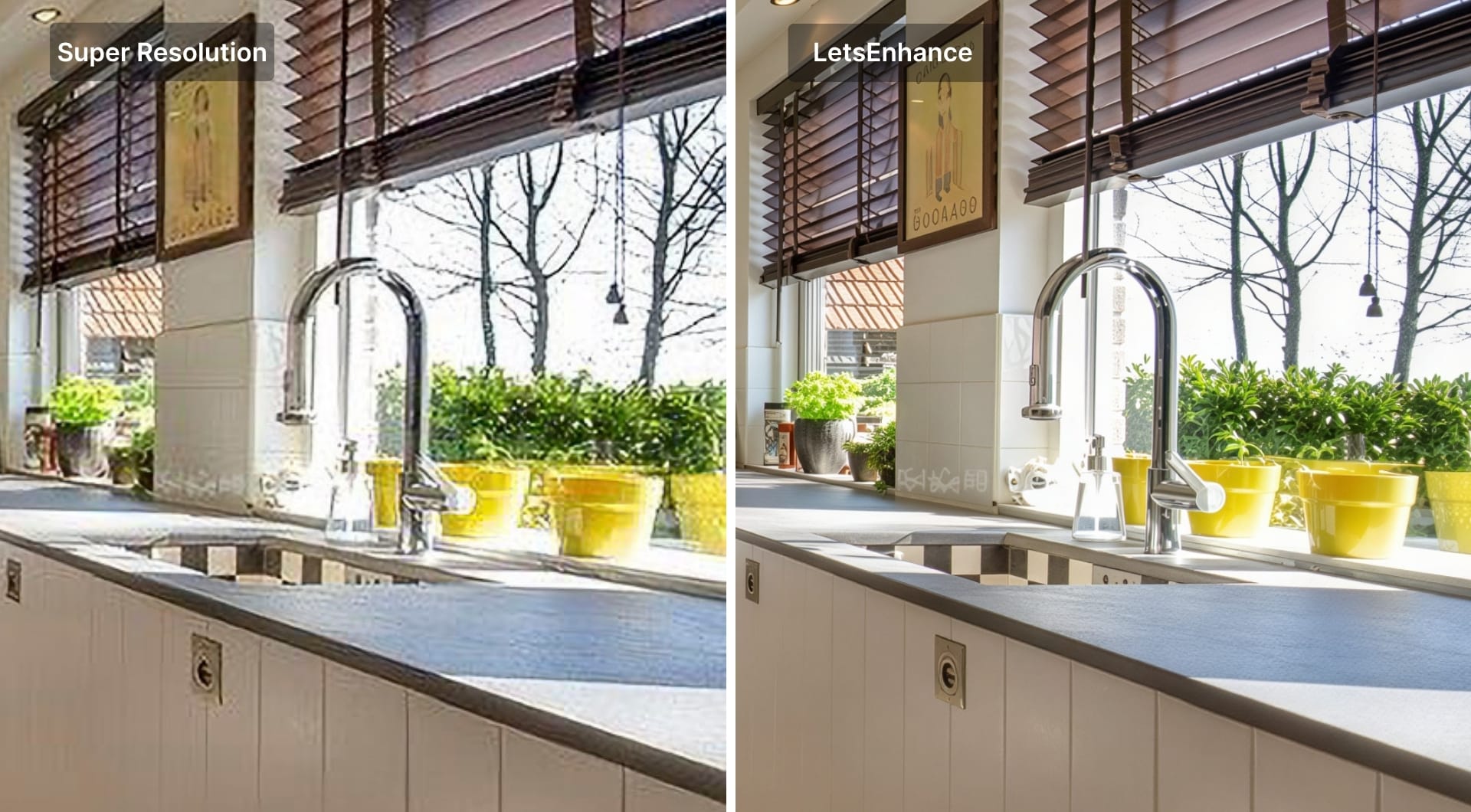 Kitchen detail zooms comparing Super Resolution and LetsEnhance