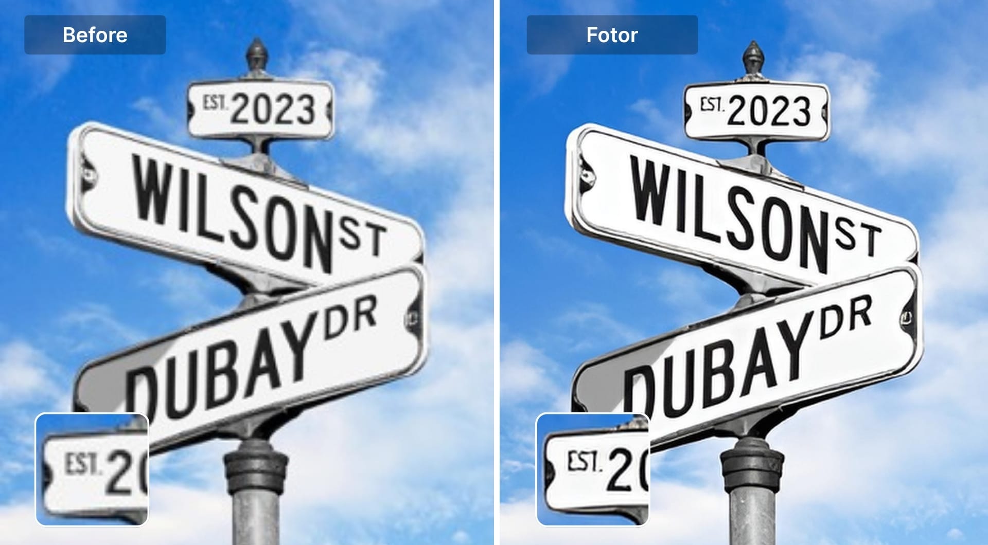 Street sign text before and after enhancement with Fotor