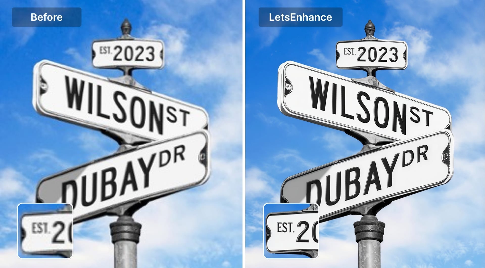 Street sign text before and after enhancement with LetsEnhance
