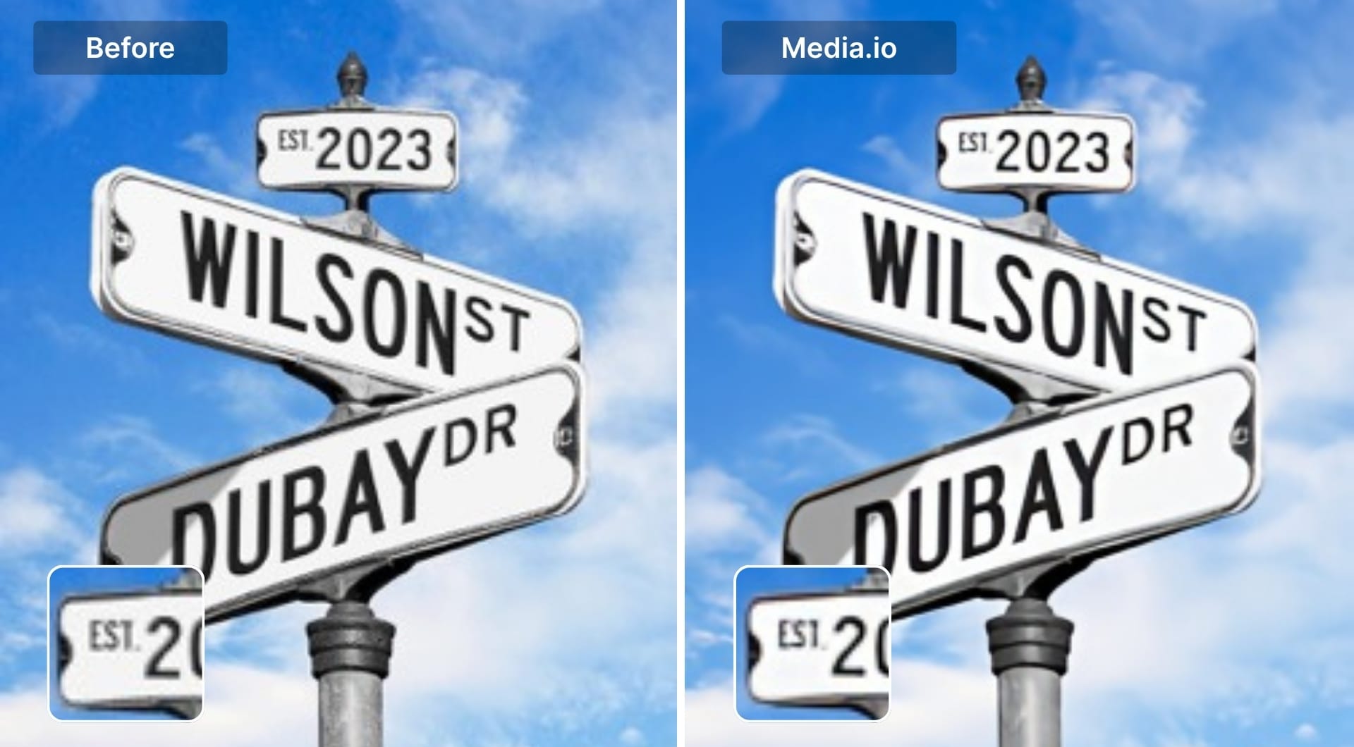 Street sign text before and after enhancement with Media.io