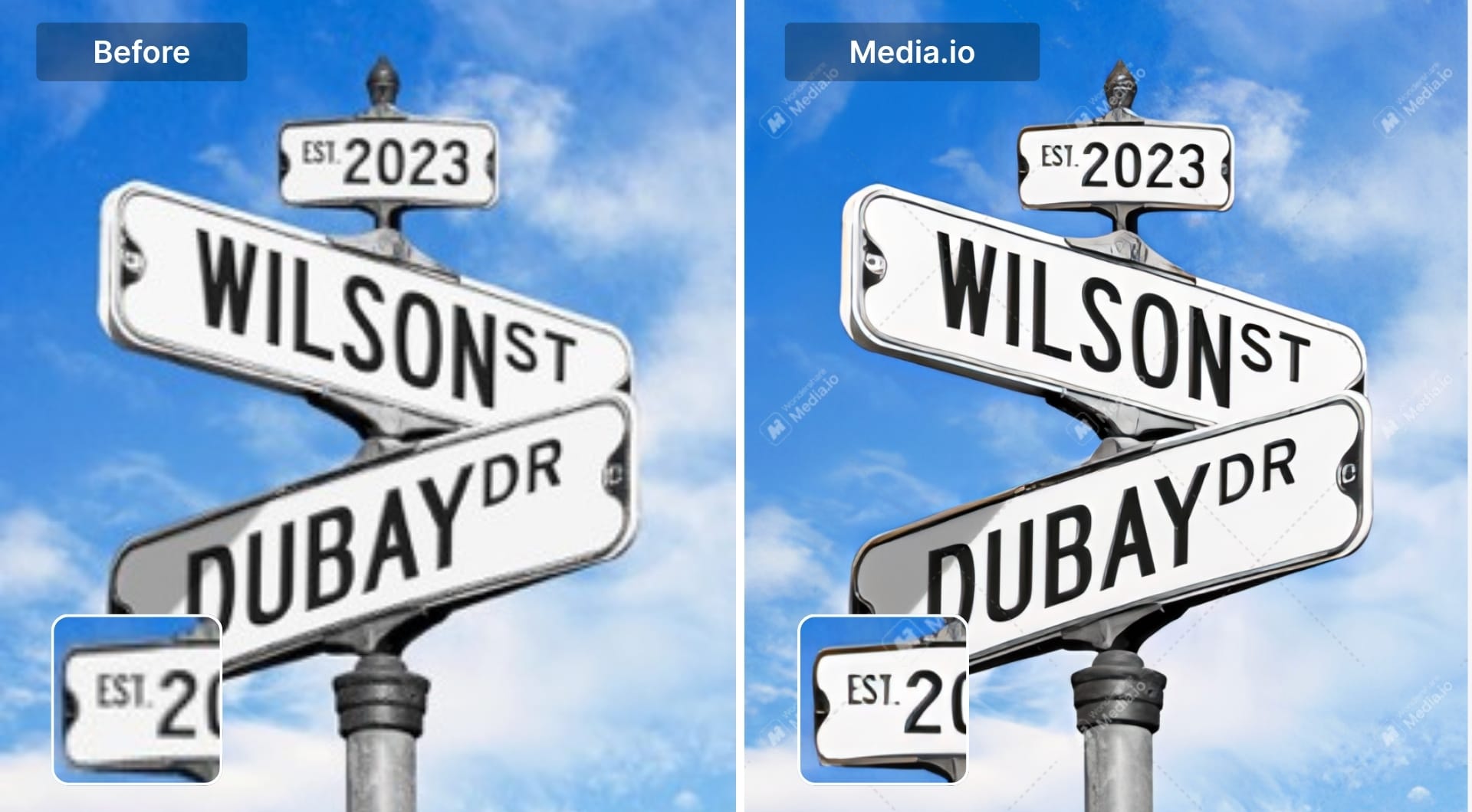 Street sign after upscaled enhancement with Media.io showing sharper result