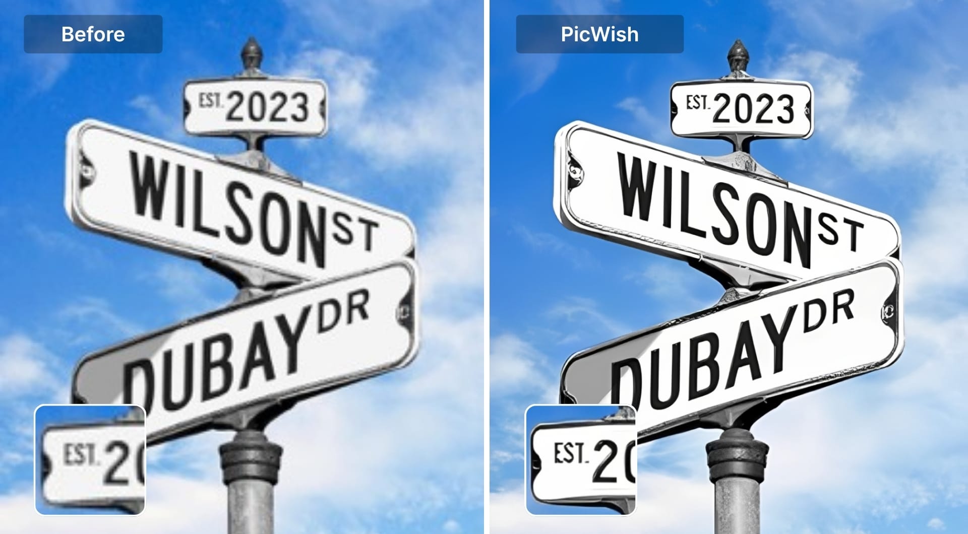 Street sign text before and after enhancement with PicWish