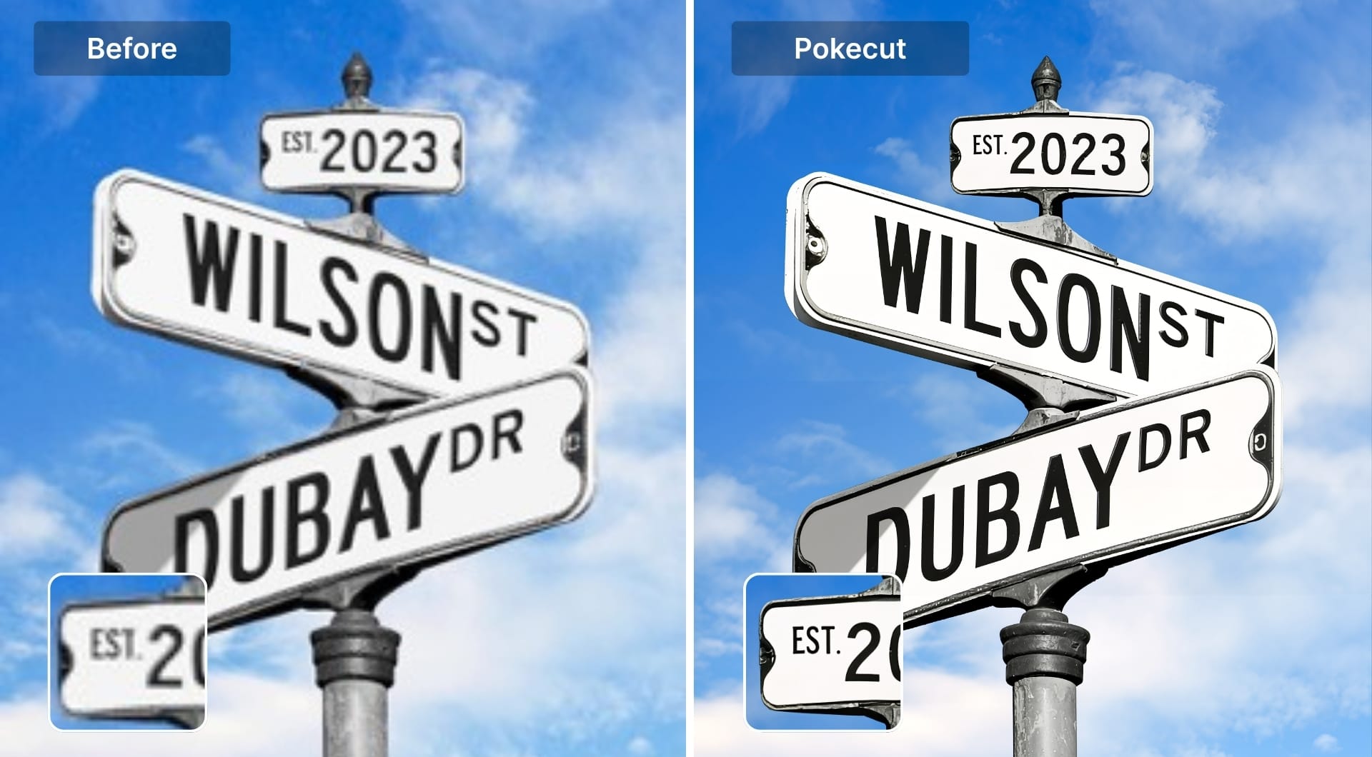 Street sign text before and after enhancement with Pokecut