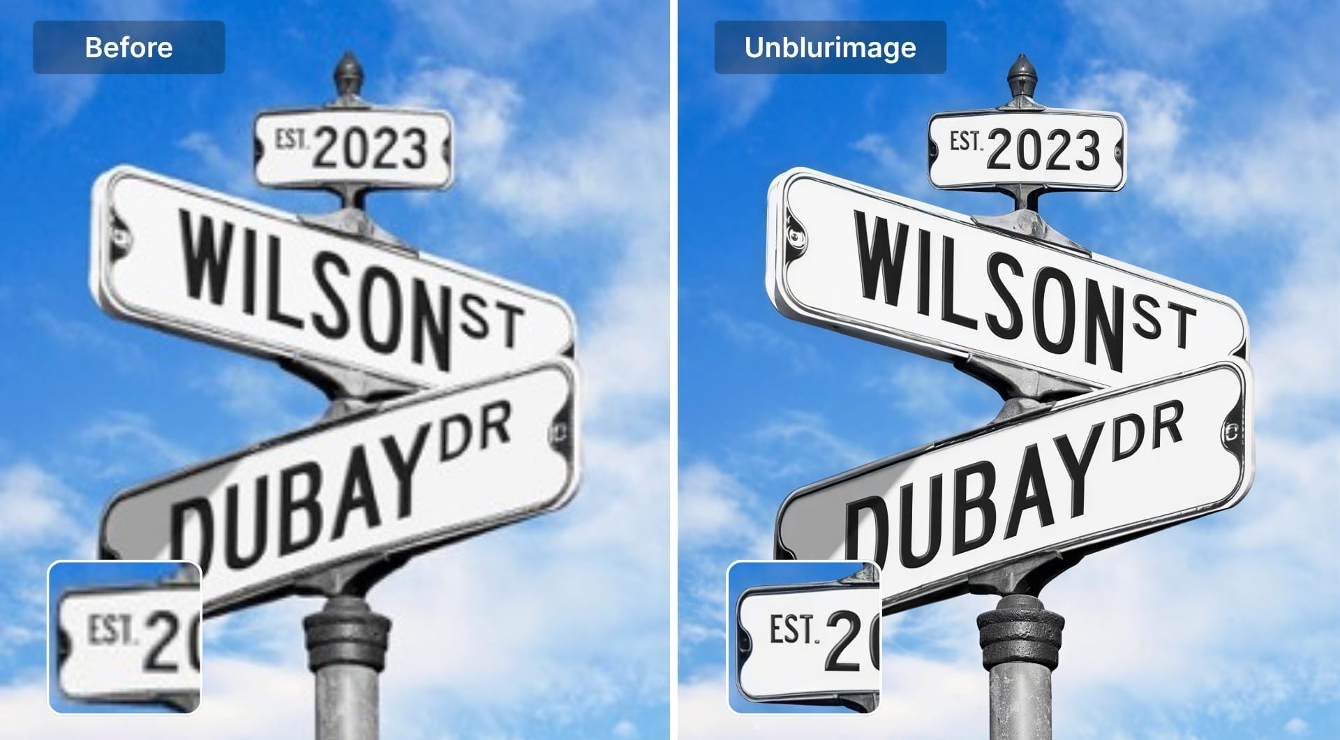 Street sign text before and after enhancement with Unblurimage