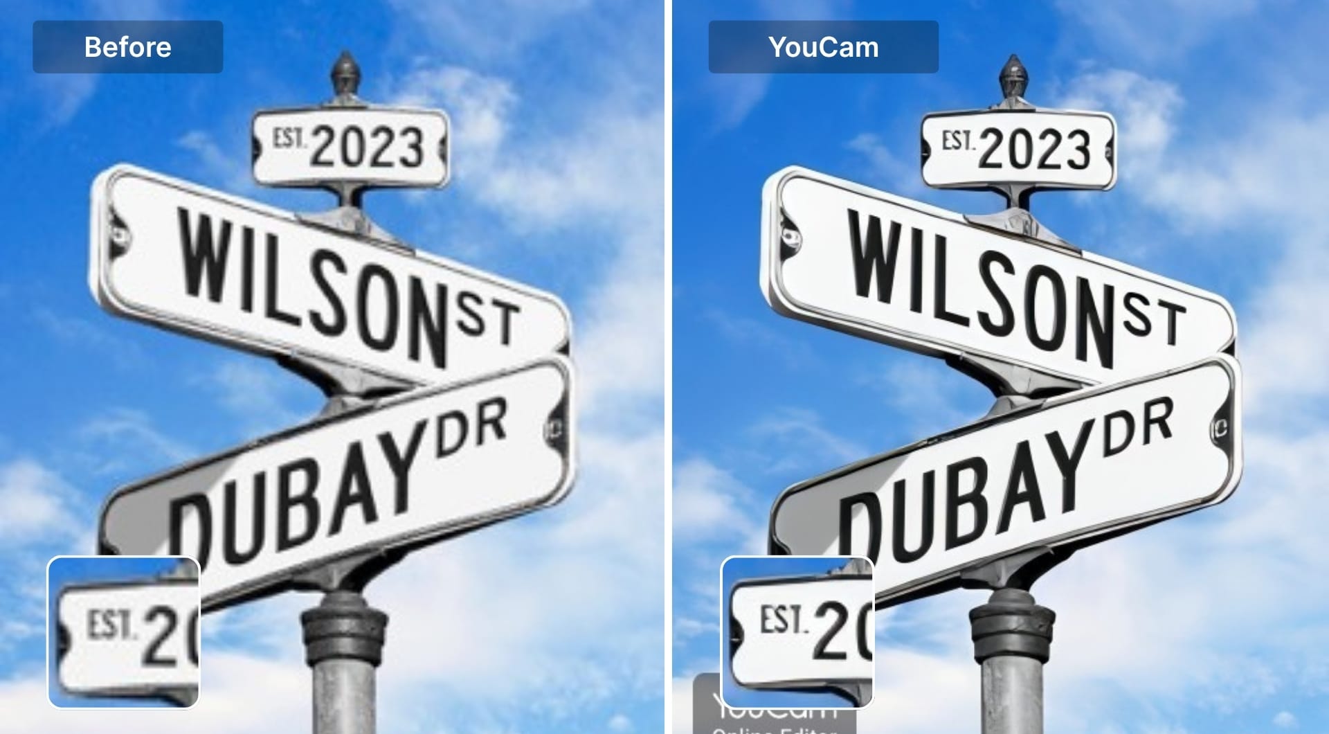 Street sign text before and after enhancement with YouCam