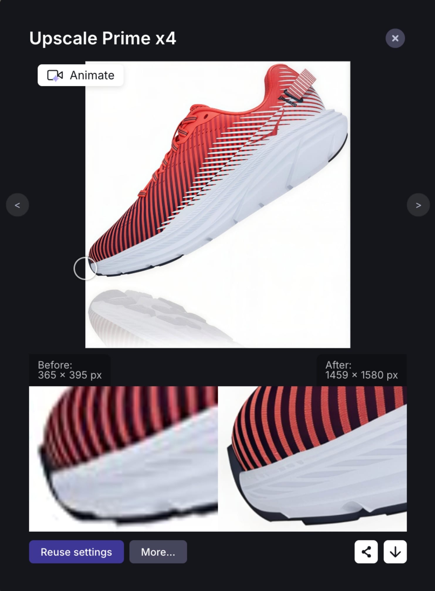 Before and after of shoe product photo improved with LetsEnhance Prime model