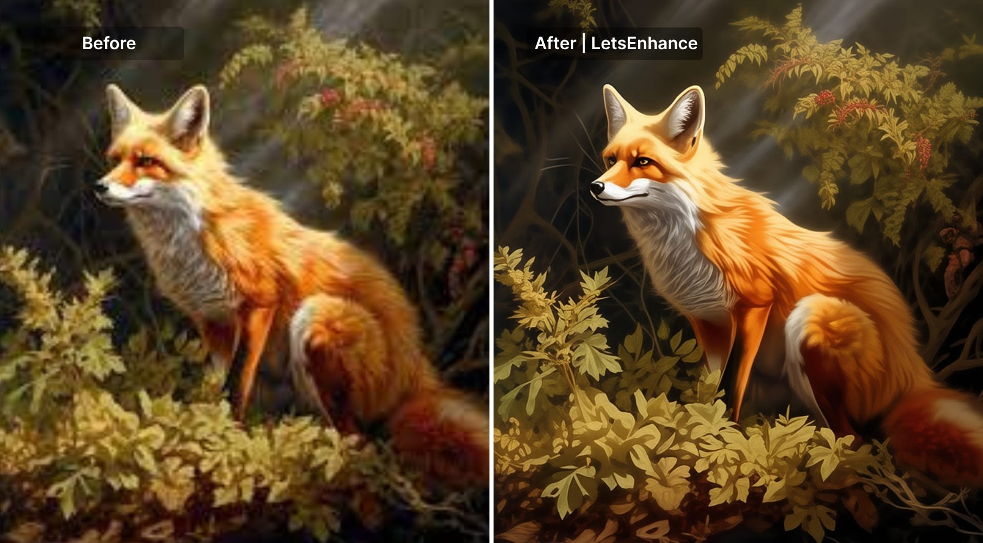 AI artwork fox before and after upscaling with LetsEnhance