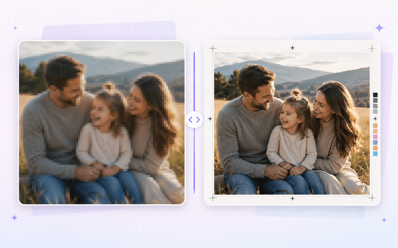 Print-on-demand family photo upscaled by the API from low to high resolution with sharp detail