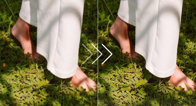 Nature landscape comparison showing removal of compression artifacts and sharp detail recovery