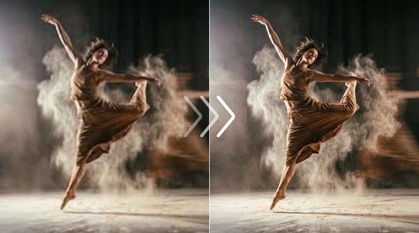 Dancer in motion showing removal of heavy compression artifacts and blur