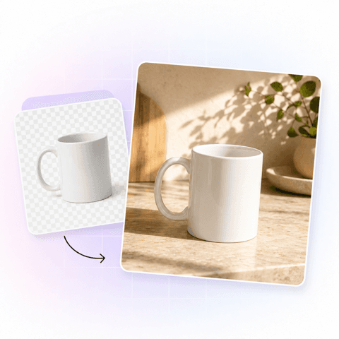 Product placed in an AI-generated background scene rendered by the API