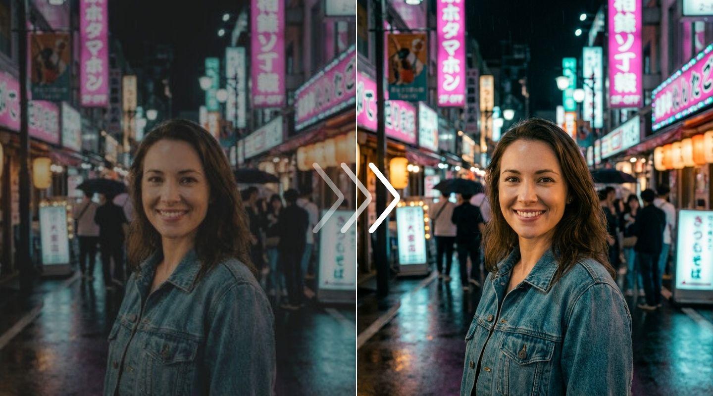 Streetwear photo comparison showing removal of compression artifacts and sharpening of fabric text